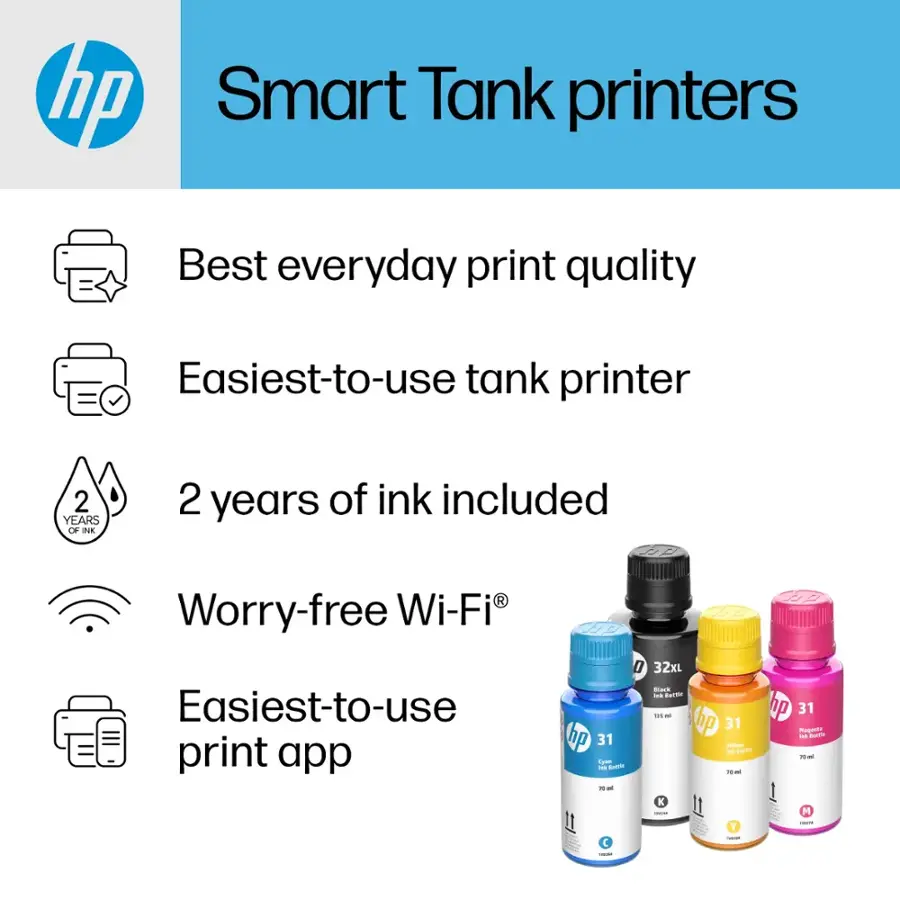 hp Smart Tank printers Best everyday print quality Easiest-to-use tank printer 2 YEARS OF ink included Worry-free Wi-Fi Easiest-to-use print app