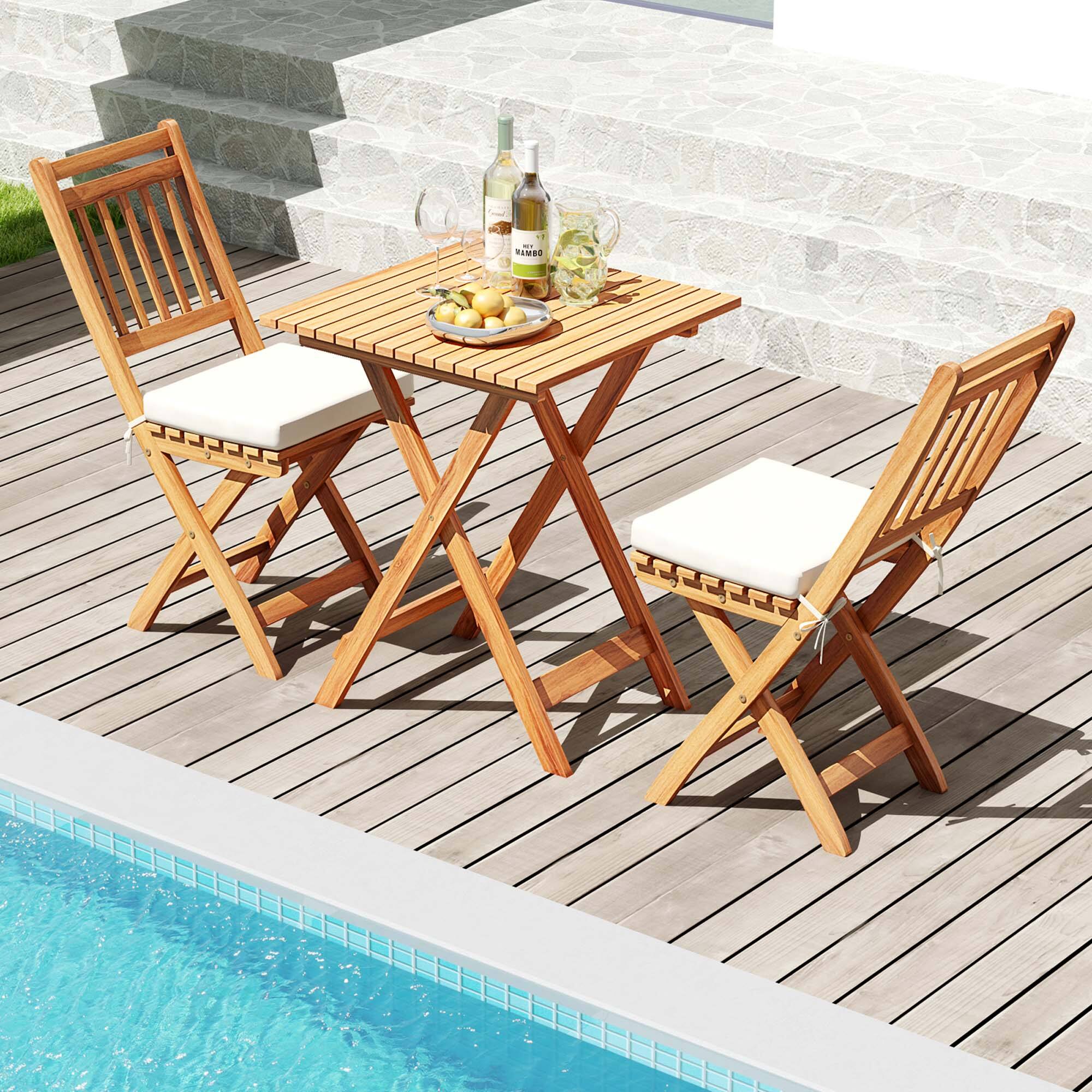 Alt View 3. Gymax - Gymax 3-Piece Folding Bistro Set w/ Removable Seat Cushions Outdoor Table & Chairs - Natural.