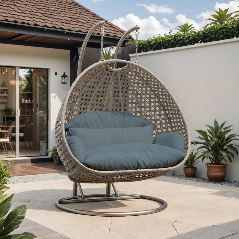 Left. LeisureMod - Leisuremod 2-Person Wicker Egg Swing Chair with Stand & Washable Cushions - Indoor/Outdoor Double Hanging Patio Chair - Charcoal Blue.