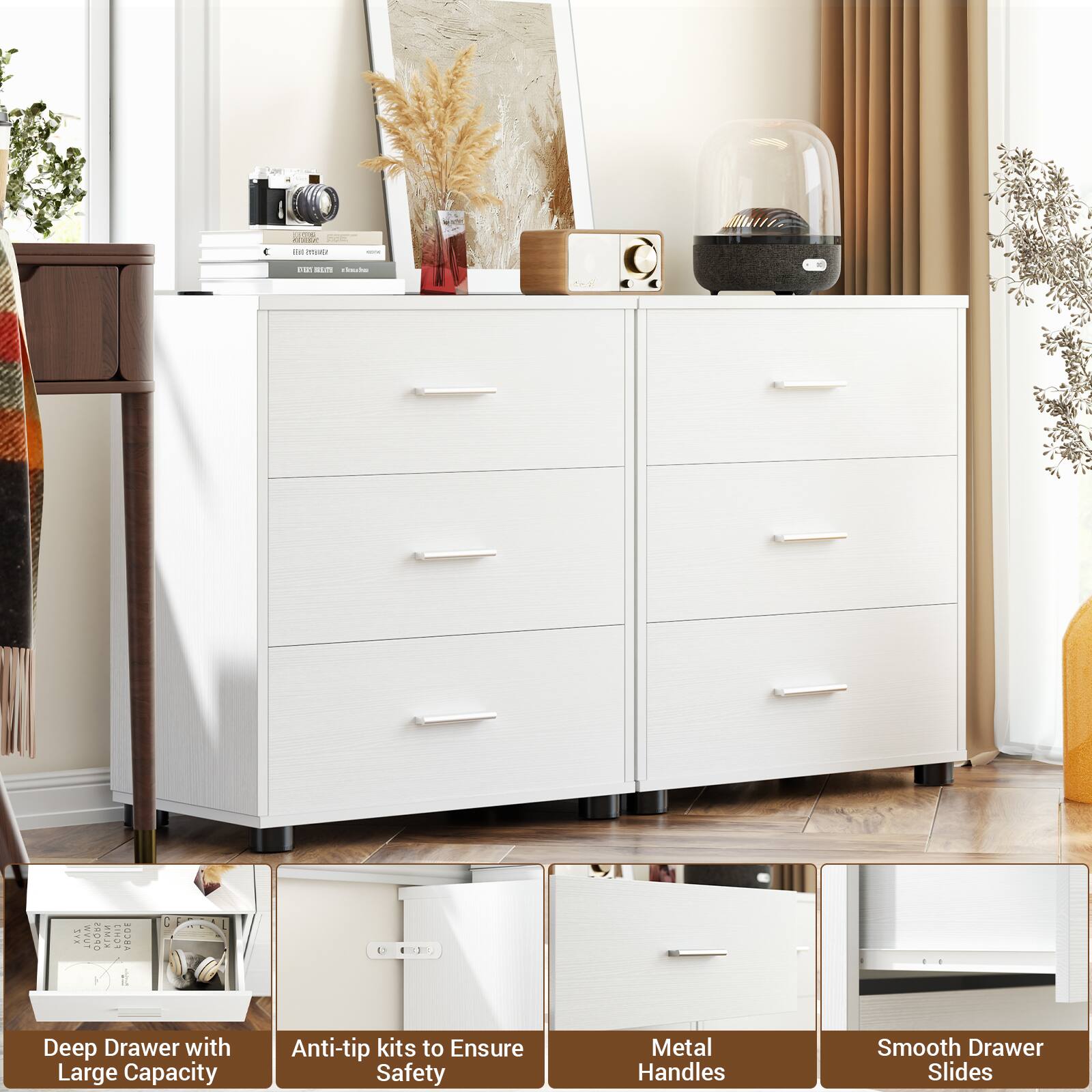 - Deep Drawer with Large Capacity
- Anti-tip kits to Ensure Safety
- Metal Handles
- Smooth Drawer Slides