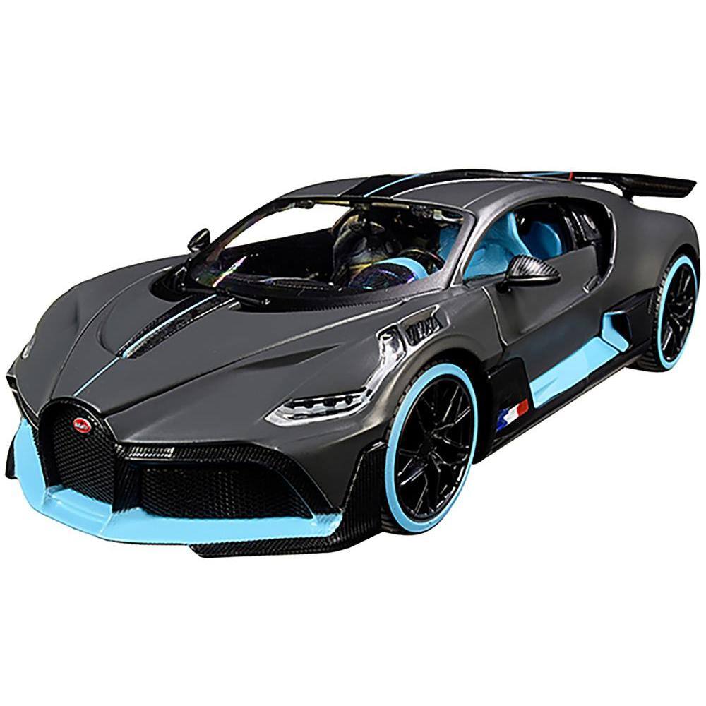 Angle. Maisto - Bugatti Divo Satin Charcoal Gray with Carbon and Blue Accents "Special Edition" 1/24 Diecast Model Car by Maisto - Blue.