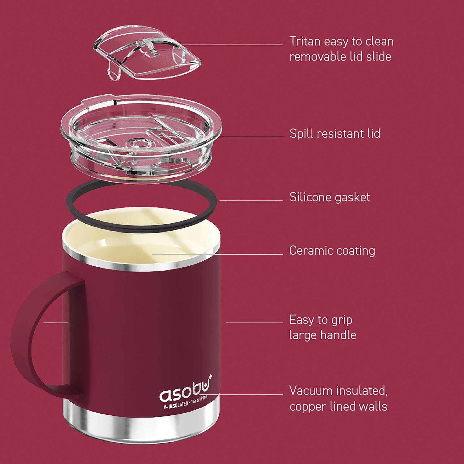 - Tritan easy to clean removable lid slide
- Spill resistant lid
- Silicone gasket
- Ceramic coating
- Easy to grip large handle
- Vacuum insulated, copper lined walls