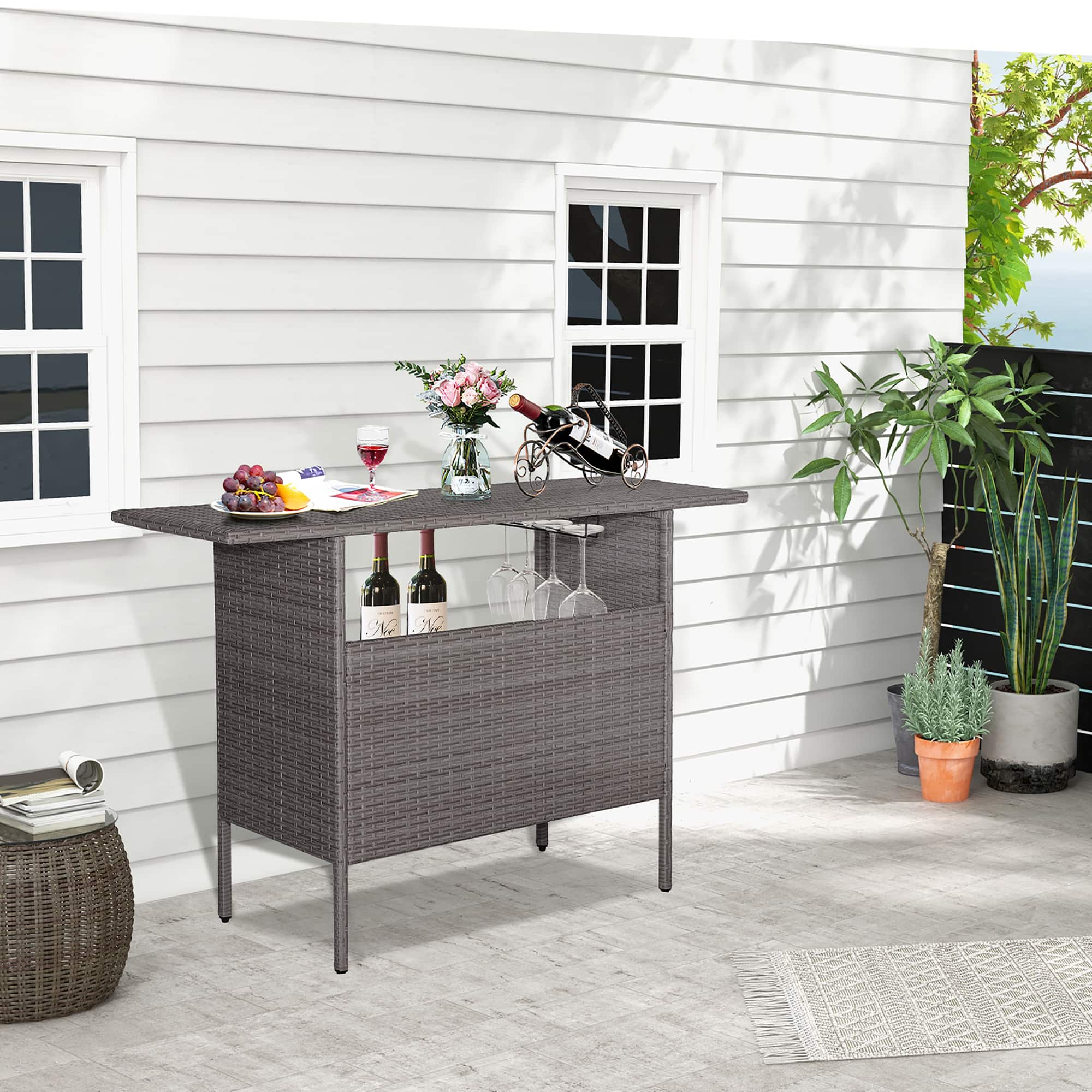 Gymax - Patio Rattan Wicker Bar Height Counter Table Storage Shelf Rail Garden - Mix Gray