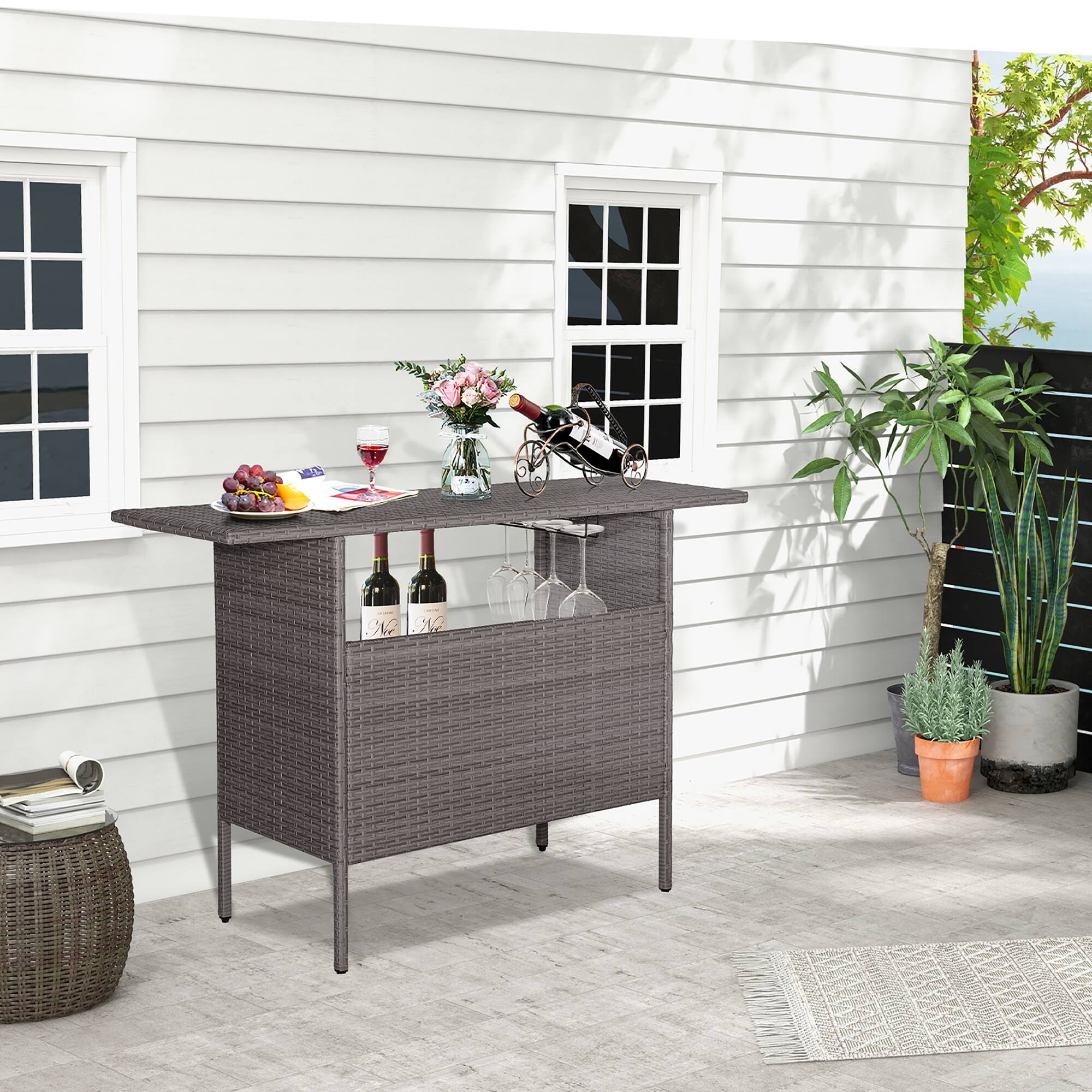Front. Gymax - Gymax Patio Rattan Wicker Bar Height Counter Table Storage Shelf Rail Garden - Mix Gray.