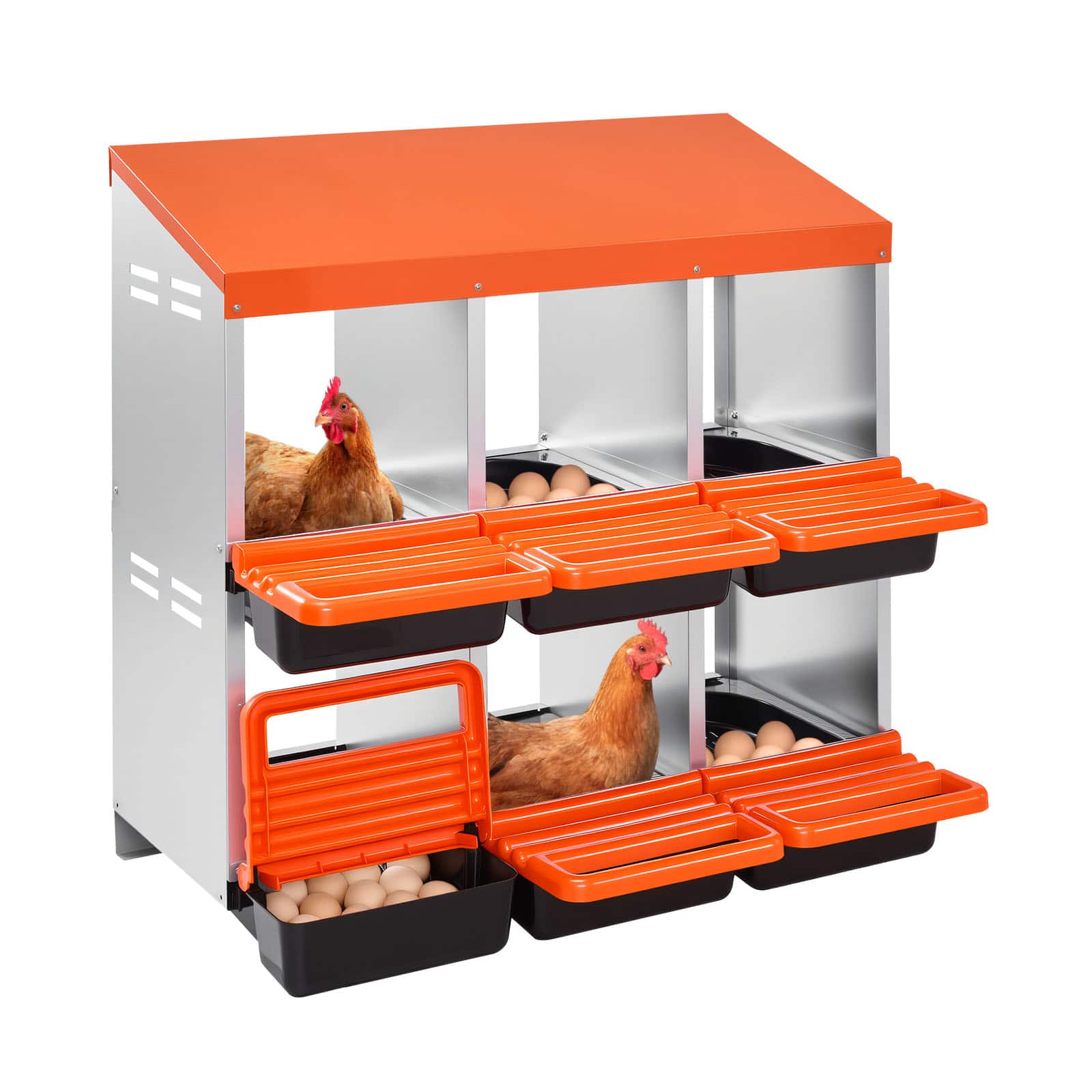 VEVOR - 2 Tiers Chicken Nesting Boxes,6 Compartments,Metal Egg Laying Boxes with Protective Collection Lids,Roll Out Nesting Box - Orange + Galvanized Steel Natural Color + Black