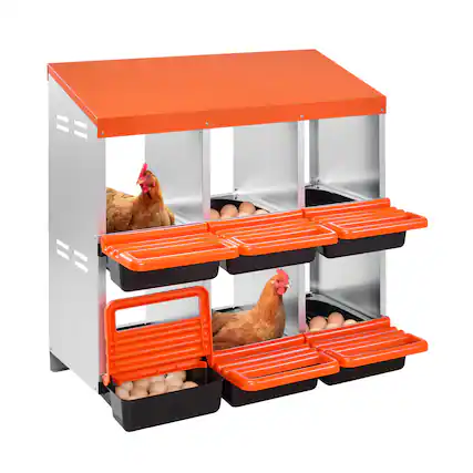 Front. VEVOR - 2 Tiers Chicken Nesting Boxes,6 Compartments,Metal Egg Laying Boxes with Protective Collection Lids,Roll Out Nesting Box - Orange + Galvanized Steel Natural Color + Black.