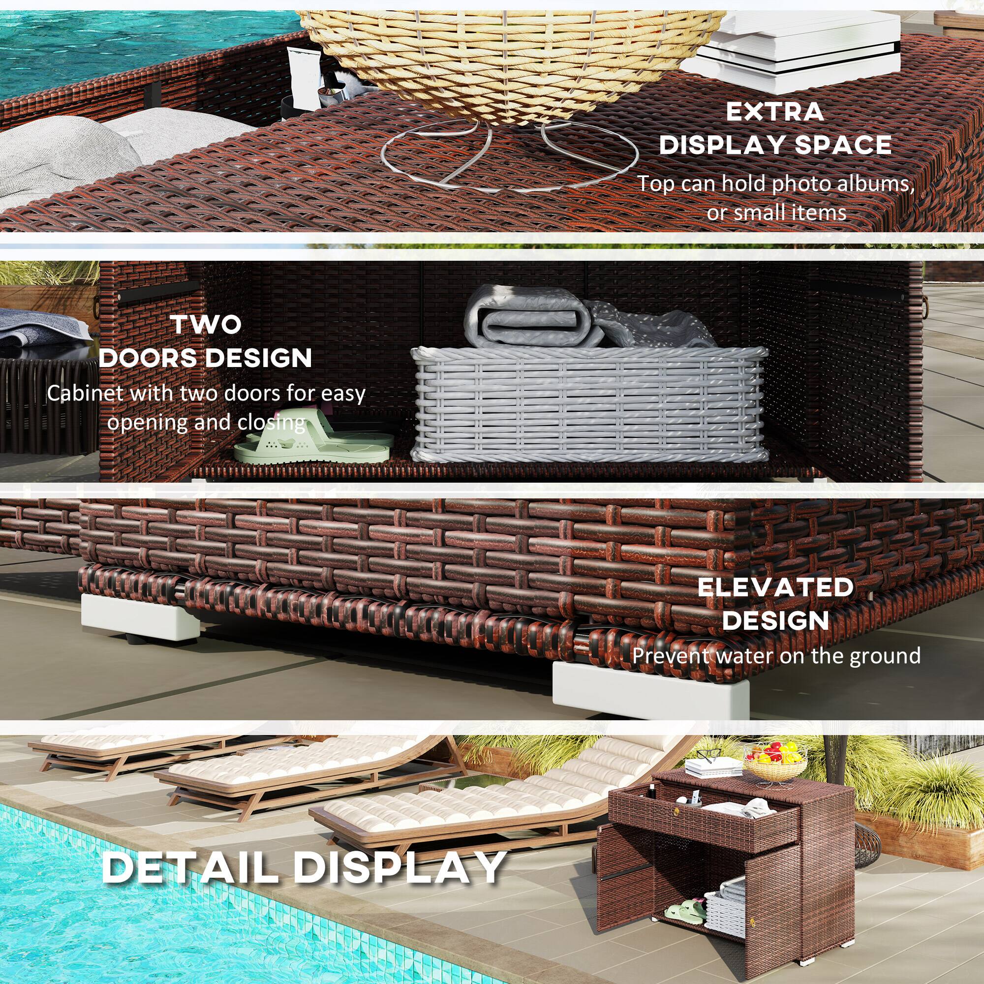 Extra Display Space: EXTRA DISPLAY SPACE Top can hold photo albums, or small items

Two Doors Design: TWO DOORS DESIGN Cabinet with two doors for easy opening and closing

Elevated Design: ELEVATED DESIGN Prevent water on the ground

Detail Display: DETAIL DISPLAY