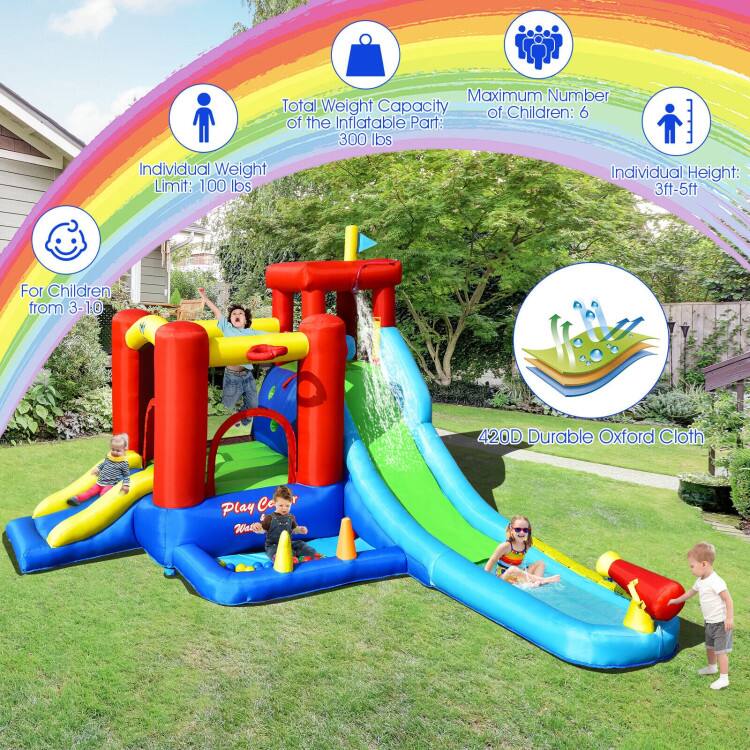 - Total Weight Capacity of the Inflatable Part: 300 lbs
- Maximum Number of Children: 6
- Individual Weight Limit: 100 lbs
- Individual Height: 3ft-5ft
- For Children from 3-10
- 420D Durable Oxford Cloth