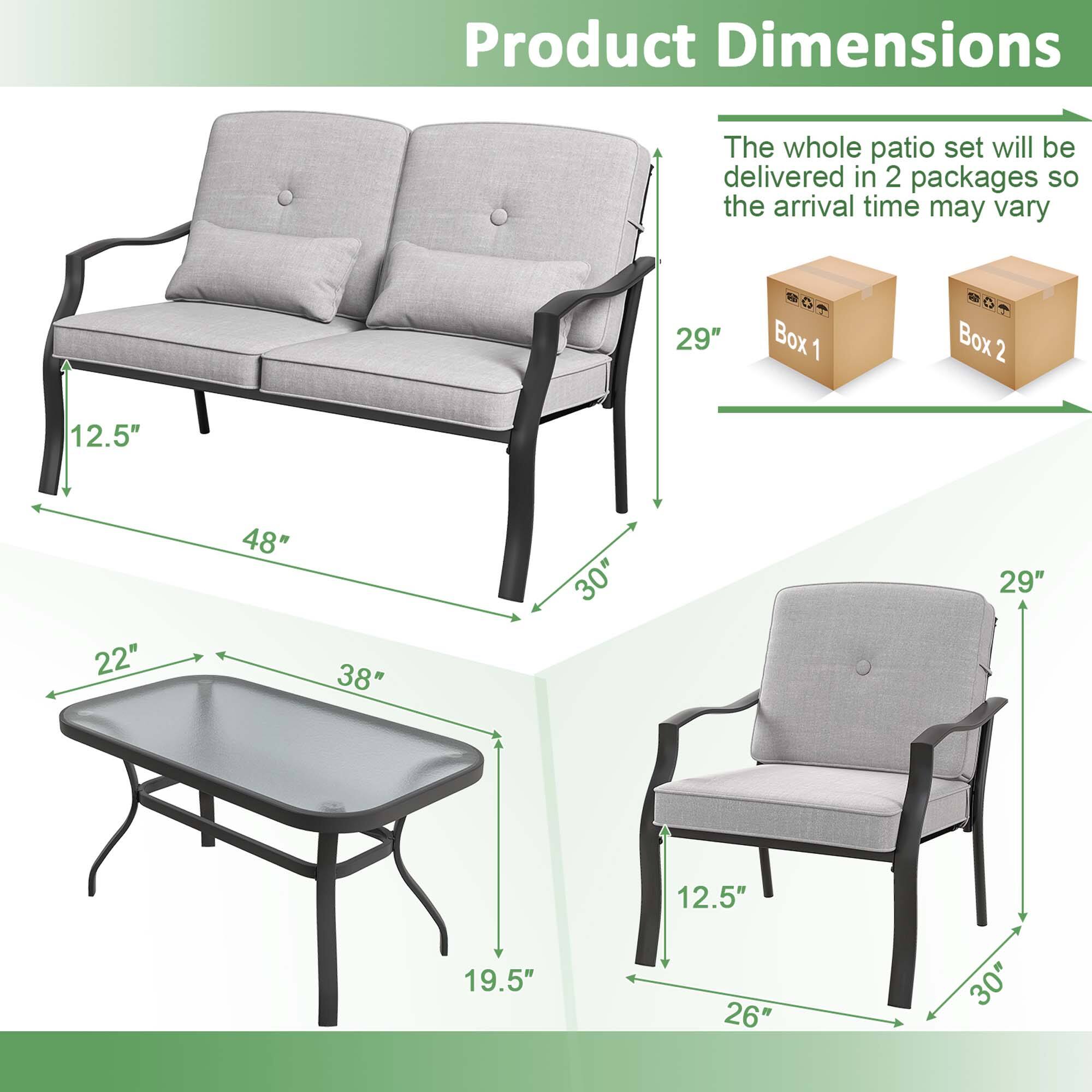 Product Dimensions

The whole patio set will be delivered in 2 packages so the arrival time may vary

Box 1: 29" x 48" x 30"
Box 2: 22" x 38" x 19.5"

Chair: 29" x 26" x 12.5"