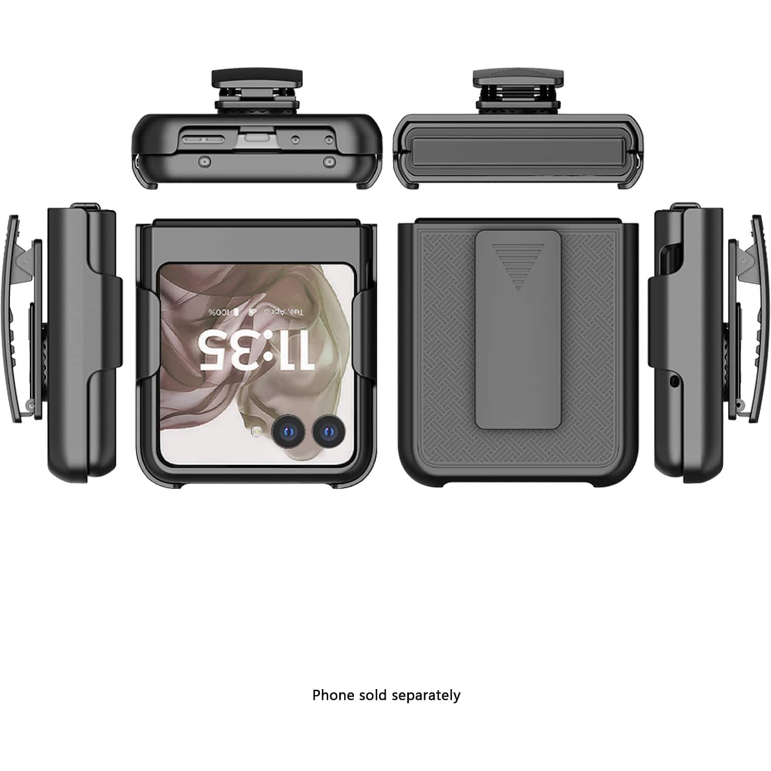 The image shows a phone with a screen displaying the time of 11:35. The phone is attached to a case, which is also shown in the image. The text on the image reads "Sool Y decn en: 11:35 Phone sold separately." This text is likely a description of the phone and its features, with the time displayed on the screen being a notable feature.