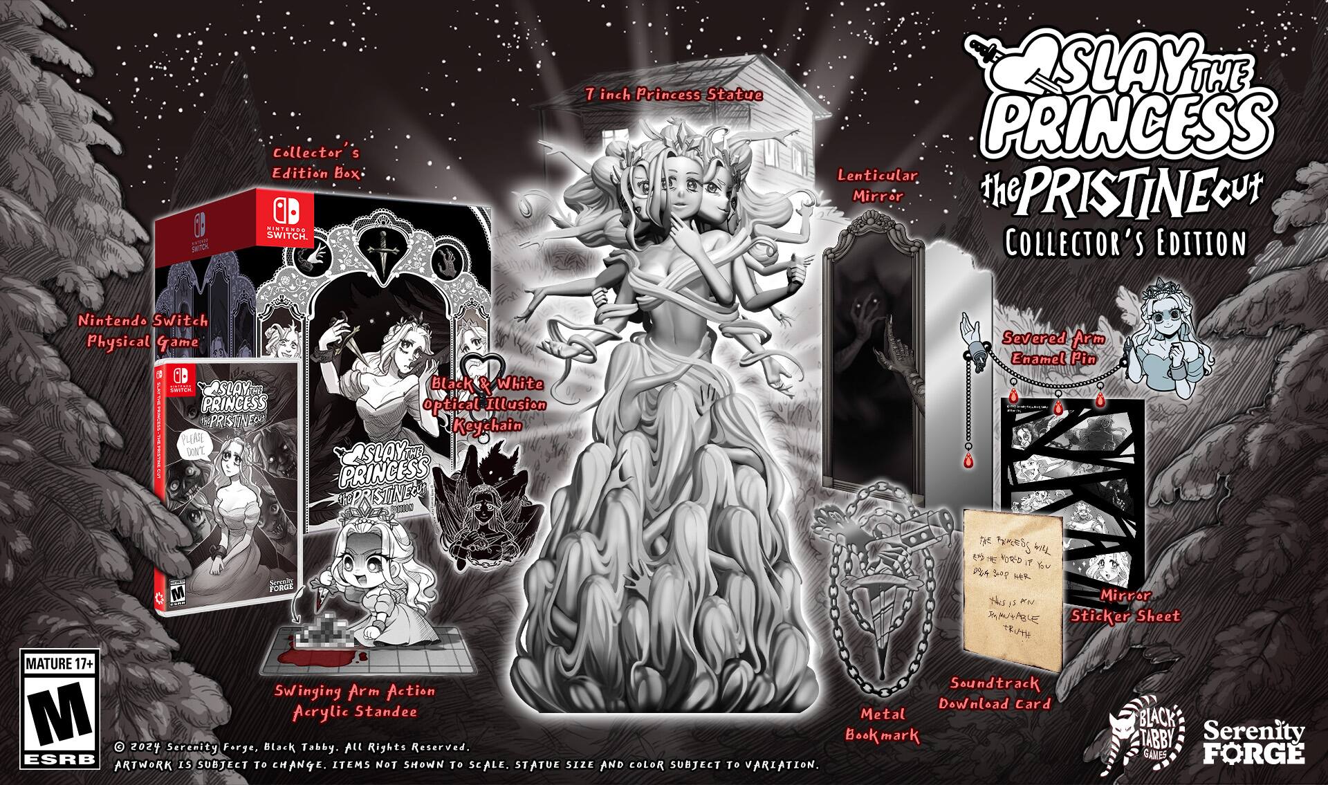 The image features a collection of items from the Slay of the Princess Collector's Edition for the Nintendo Switch. The items include a 7-inch Princess statue, a lenticular mirror, a keychain, an enamel pin, a sticker sheet, a bookmark, and a tabby. The collection is displayed in a box, and the items are described as being in mint condition. The collection is intended for mature audiences, as indicated by the ESRB rating. The items are subject to size, scale, and color variations, and the artwork may be subject to change.