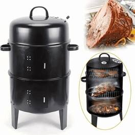 Topteng - 3-in-1 Vertical Charcoal Smoker&Grill-Portable,2-Tier Cooking Rack,Built-in Thermometer,Detachable for Transport&Storage - Silver