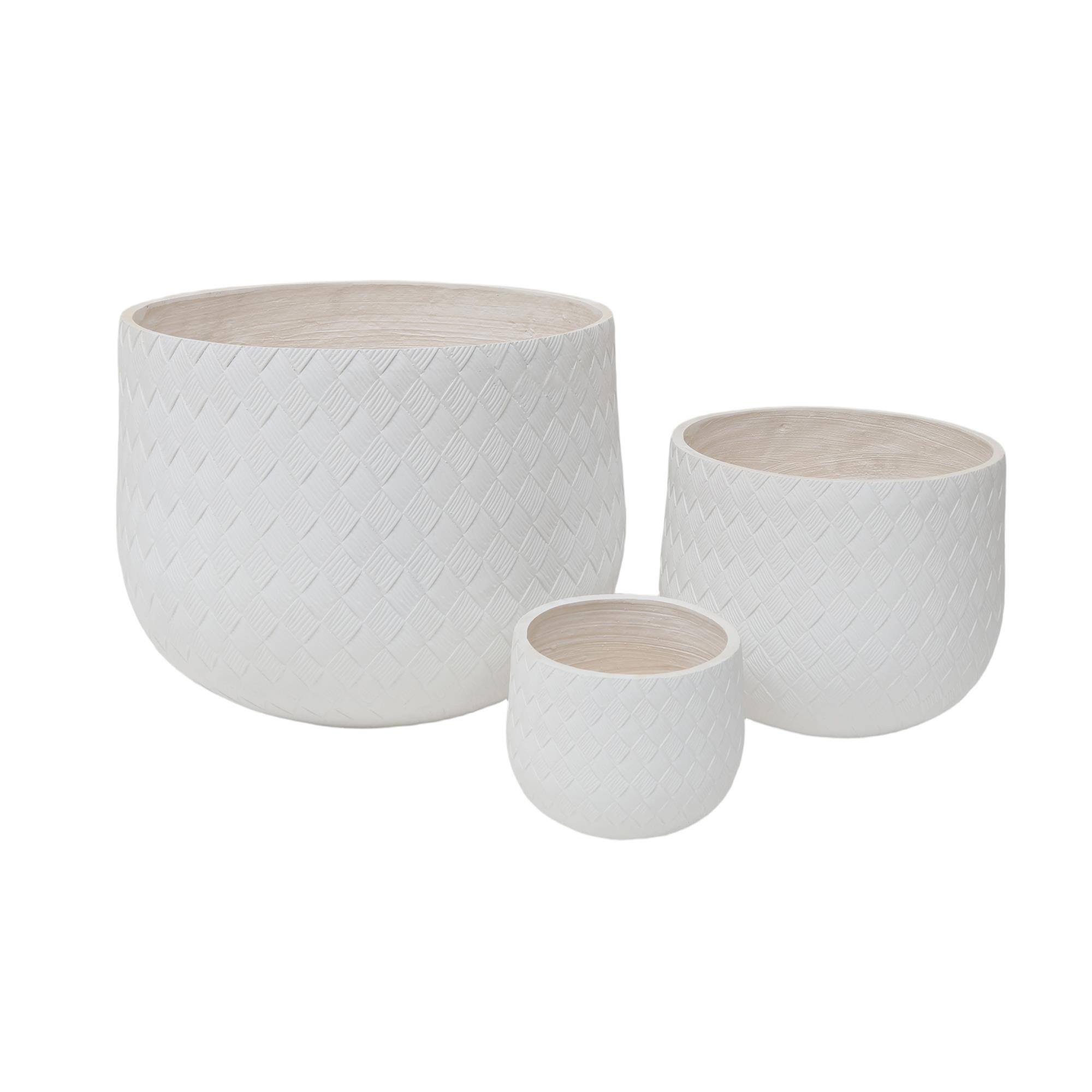 Front. Boyel Living - 3  Piece White Weave Pattern Magnesium Oxide Planter Set  Drainage Holes Included - White.
