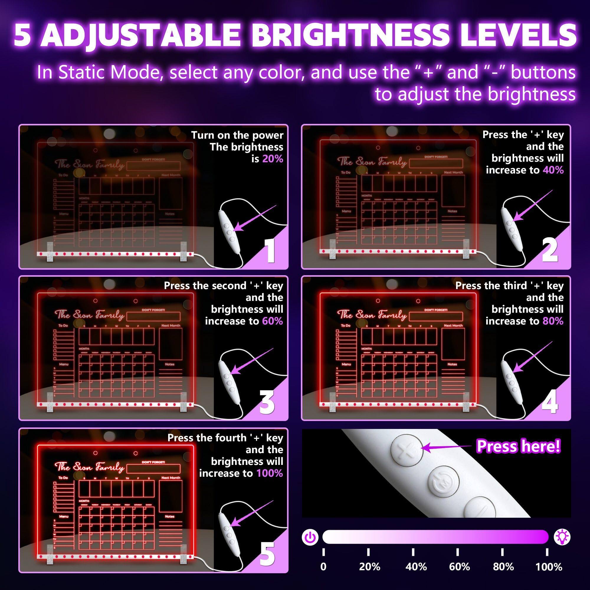 5 Adjustable Brightness Levels

In Static Mode, select any color, and use the "+" and "-" buttons to adjust the brightness.

1. Turn on the power. The brightness is 20%.

2. Press the "+" key and the brightness will increase to 40%.

3. Press the second "+" key and the brightness will increase to 60%.

4. Press the third "+" key and the brightness will increase to 80%.

5. Press the fourth "+" key and the brightness will increase to 100%.

Press here!