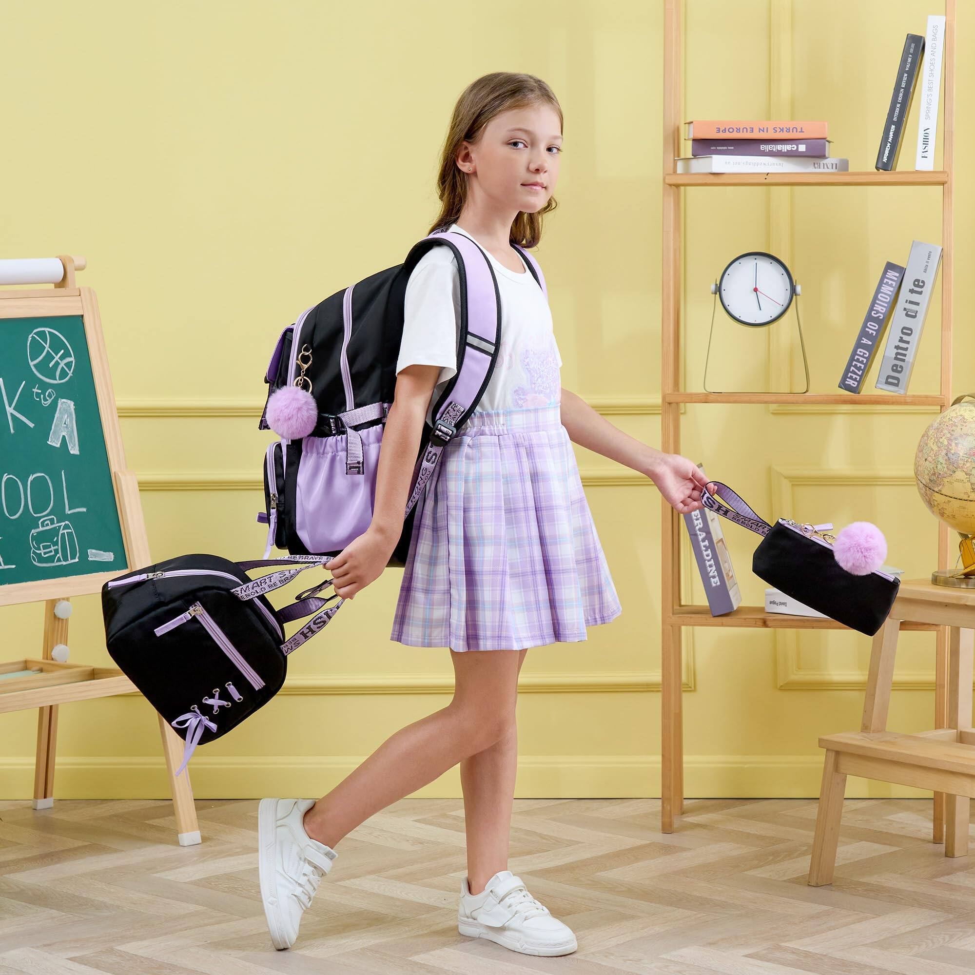 Sure, here is the corrected and grouped text from the image:

**On the chalkboard:**
- "K to A"
- "SCHOOL"

**On the books:**
- "Dentro de ti"
- "Dentro de ti"
- "TURKISH COOKING"
- "TURKISH COOKING"
- "The Complete Book of..."

**On the bags:**
- "MARSHALL"
- "MARSHALL"

**On the box:**
- "MARSHALL"

**On the globe:**
- "GLOBE"

**On the clock:**
- "1234"