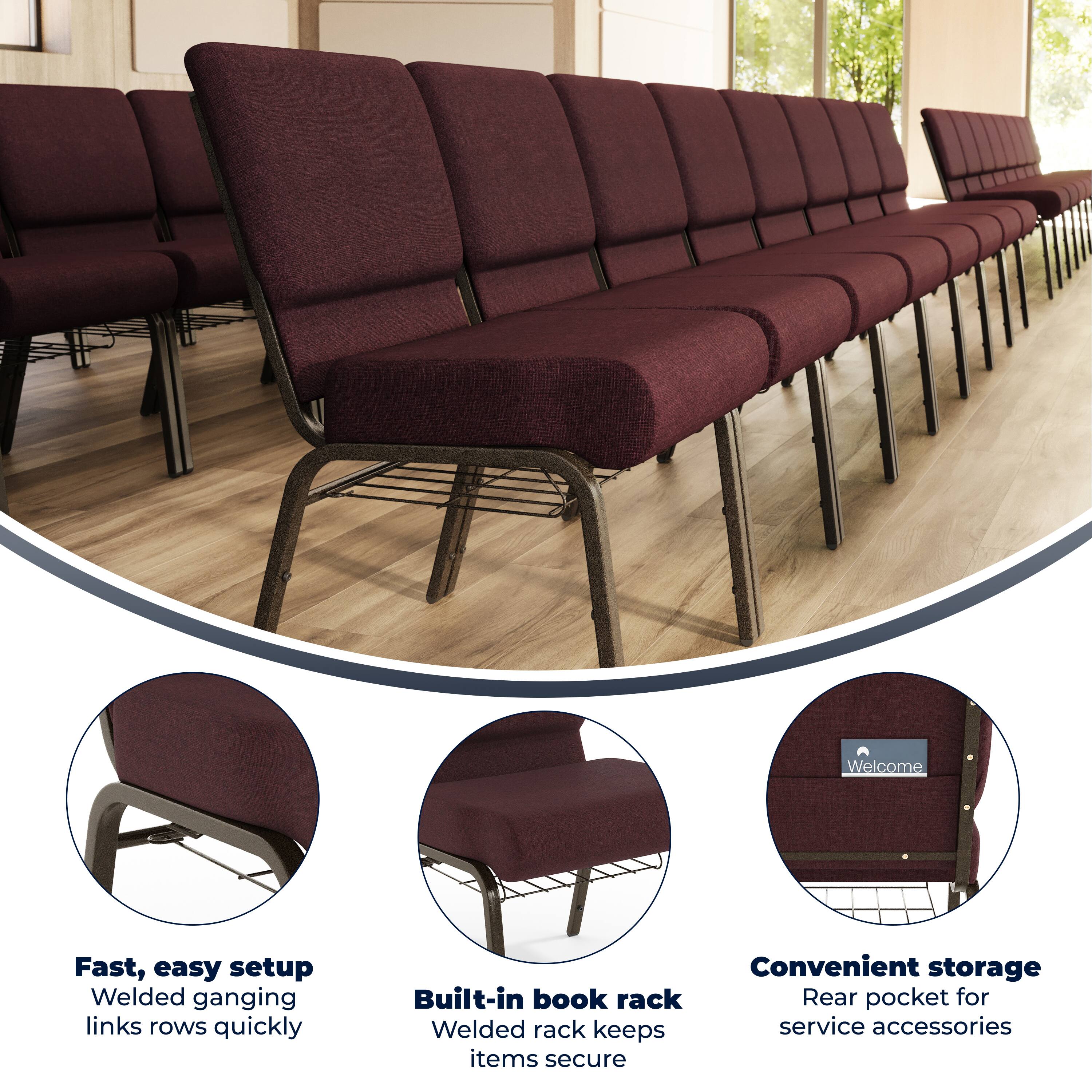 Welcome

Fast, easy setup  
Welded ganging links rows quickly

Built-in book rack  
Welded rack keeps service accessories items secure

Convenient storage  
Rear pocket for service accessories