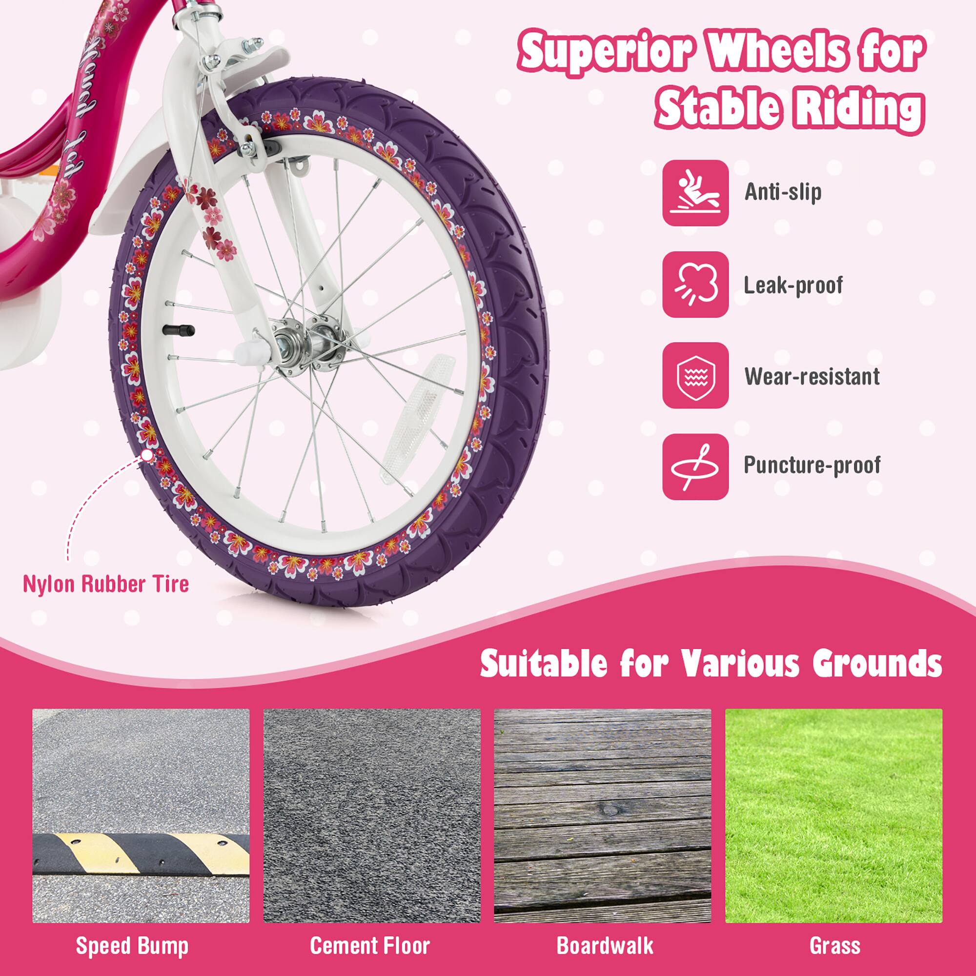Superior Wheels for Stable Riding

- Anti-slip
- Leak-proof
- Wear-resistant
- Puncture-proof

Nylon Rubber Tire

Suitable for Various Grounds

- Speed Bump
- Cement Floor
- Boardwalk
- Grass