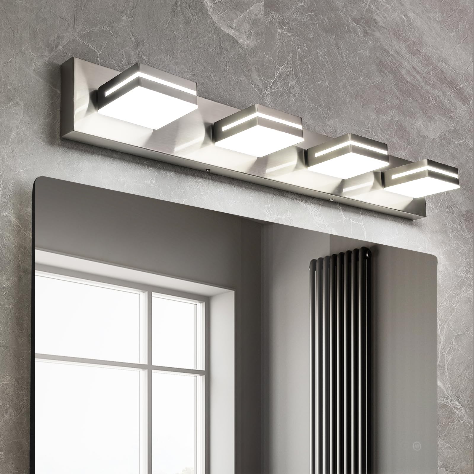 Front. Comfort Essence - Light Bathroom Vanity Brushed Nickel Modern w Led Dimmable Over Mirror Adjustable Lamp Head Cold k Etl List - Brushed Nickel - Dimmable 4-Light, 30 Inch.
