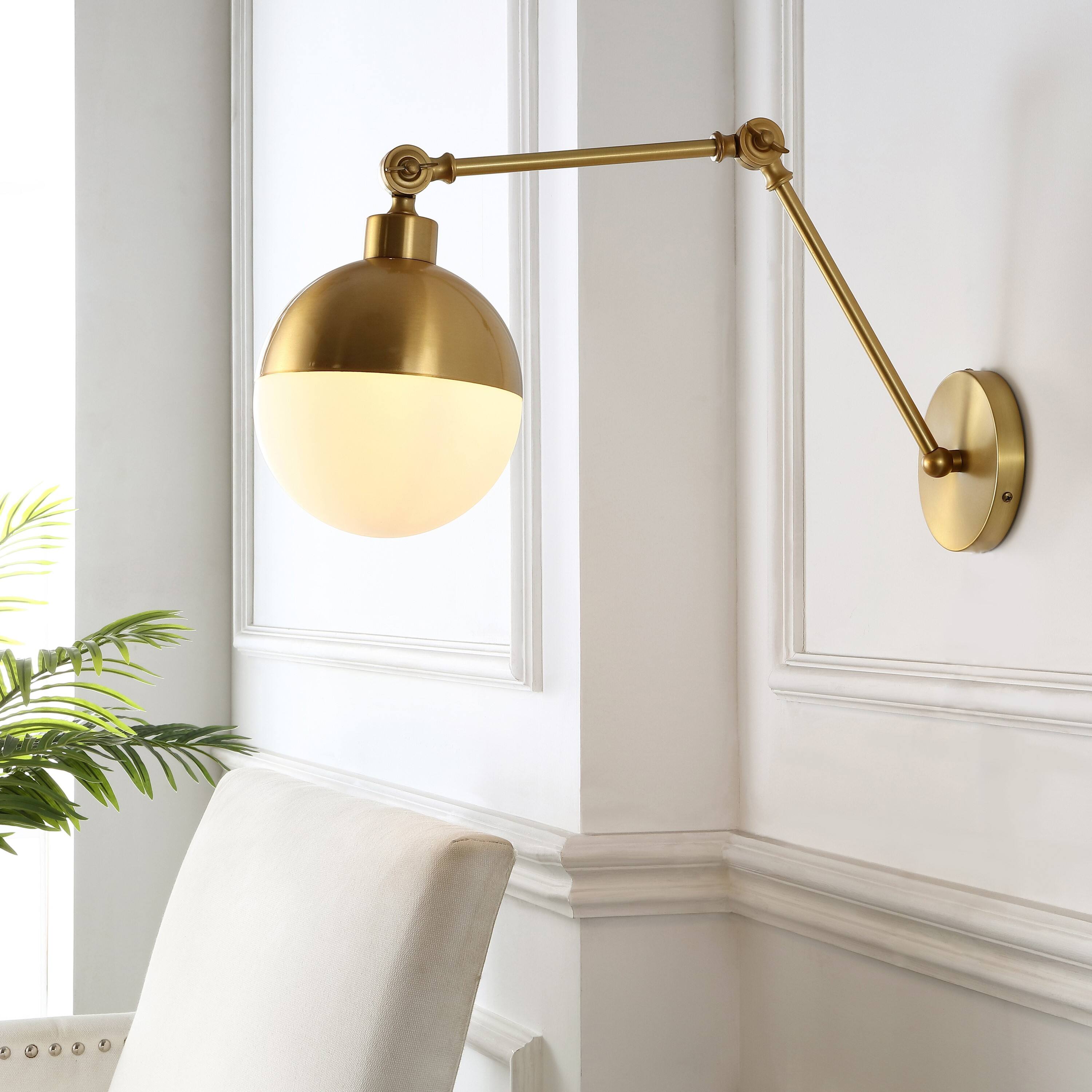 Alt View 1. Jonathan Y - Alba 8" 1-Light Modern Industrial Adjustable Swing Arm Metal Frosted Glass Globe LED Sconce, Brass Gold/Frosted - Brass Gold.