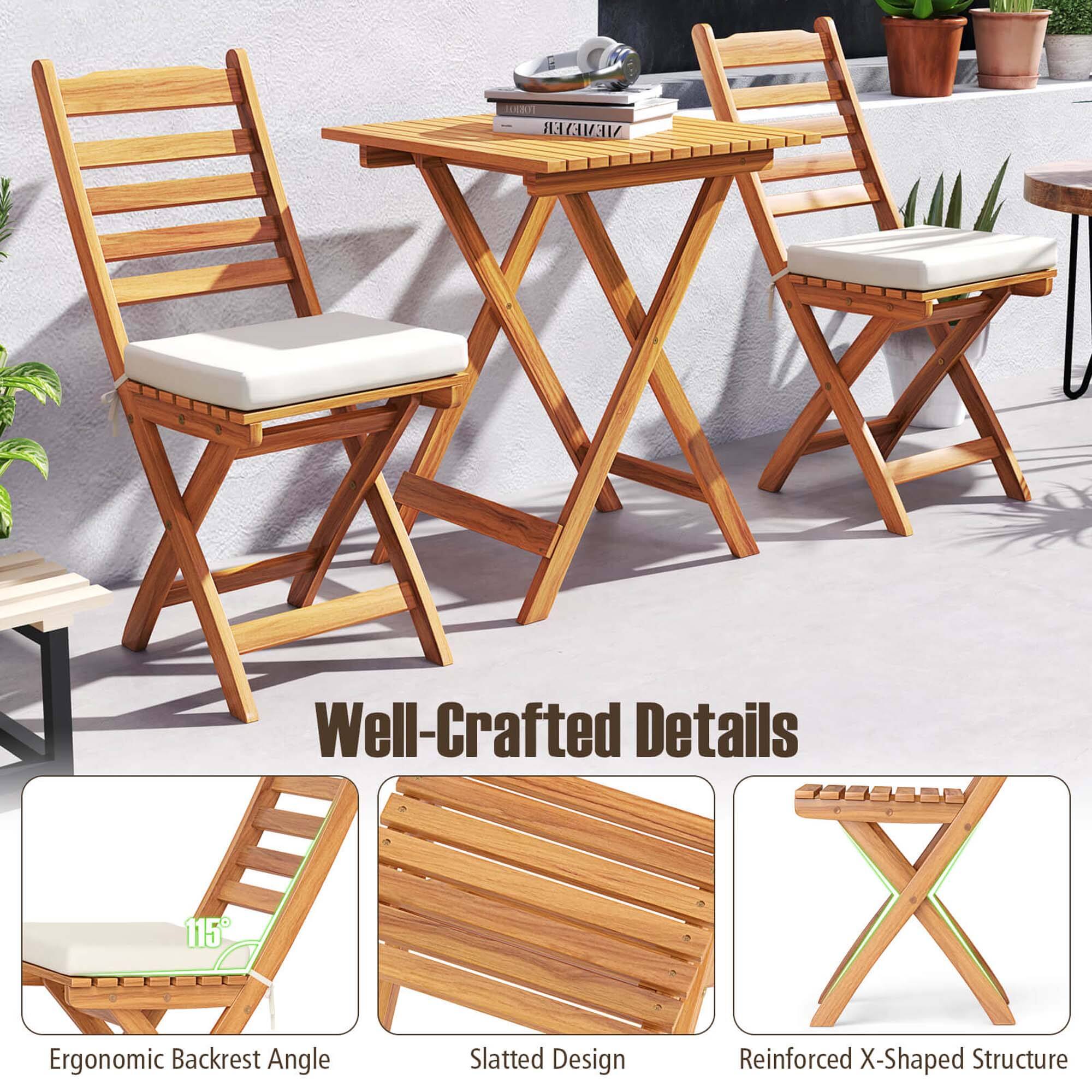 The text on the image reads: "Well-Crafted Details 115 X Ergonomic Backrest Angle Slatted Design Reinforced X-Shaped Structure."