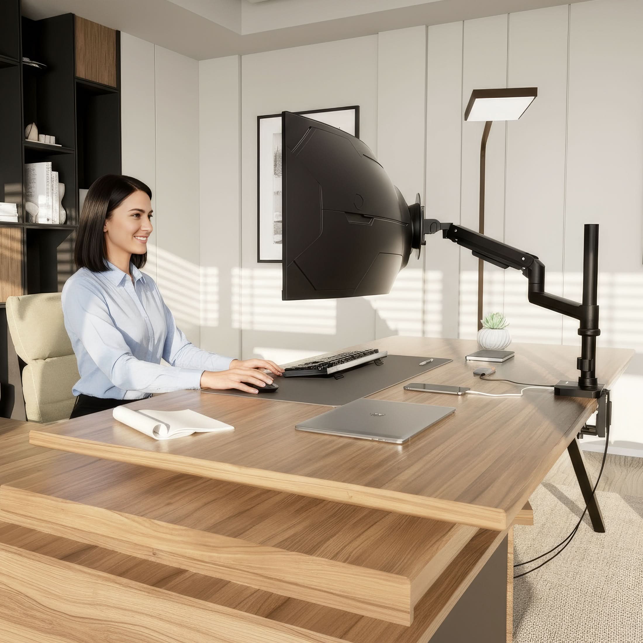 Angle. Mount-It! - Heavy‑Duty Full Motion Monitor Desk Mount with Pole & Gas Spring for Monitors up to 49″, Black - Black.