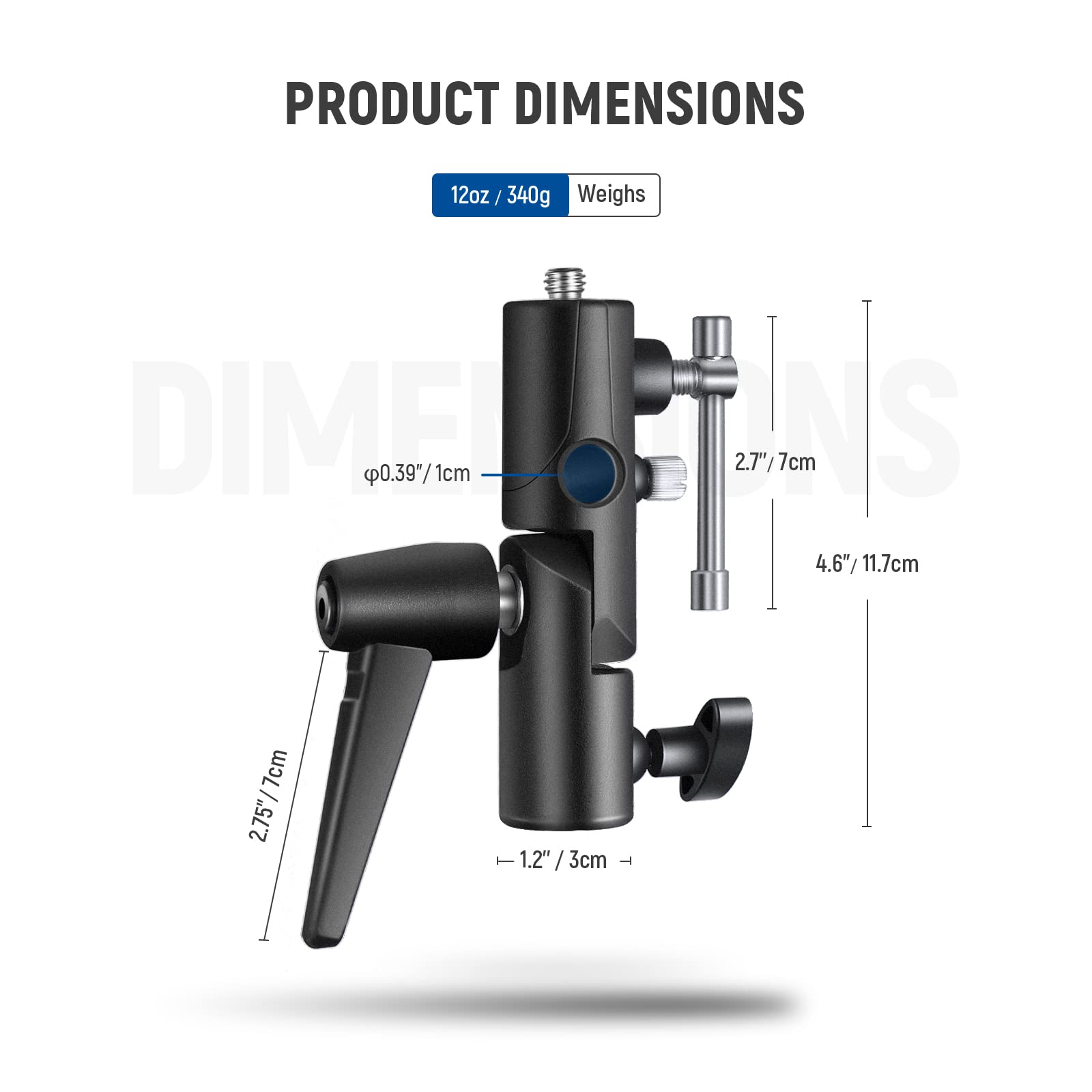 PRODUCT DIMENSIONS  
12oz / 340g  
Weighs  

- Ø0.39" / 1cm  
- 2.7" / 7cm  
- 4.6" / 11.7cm  
- 2.75" / 7cm  
- 1.2" / 3cm