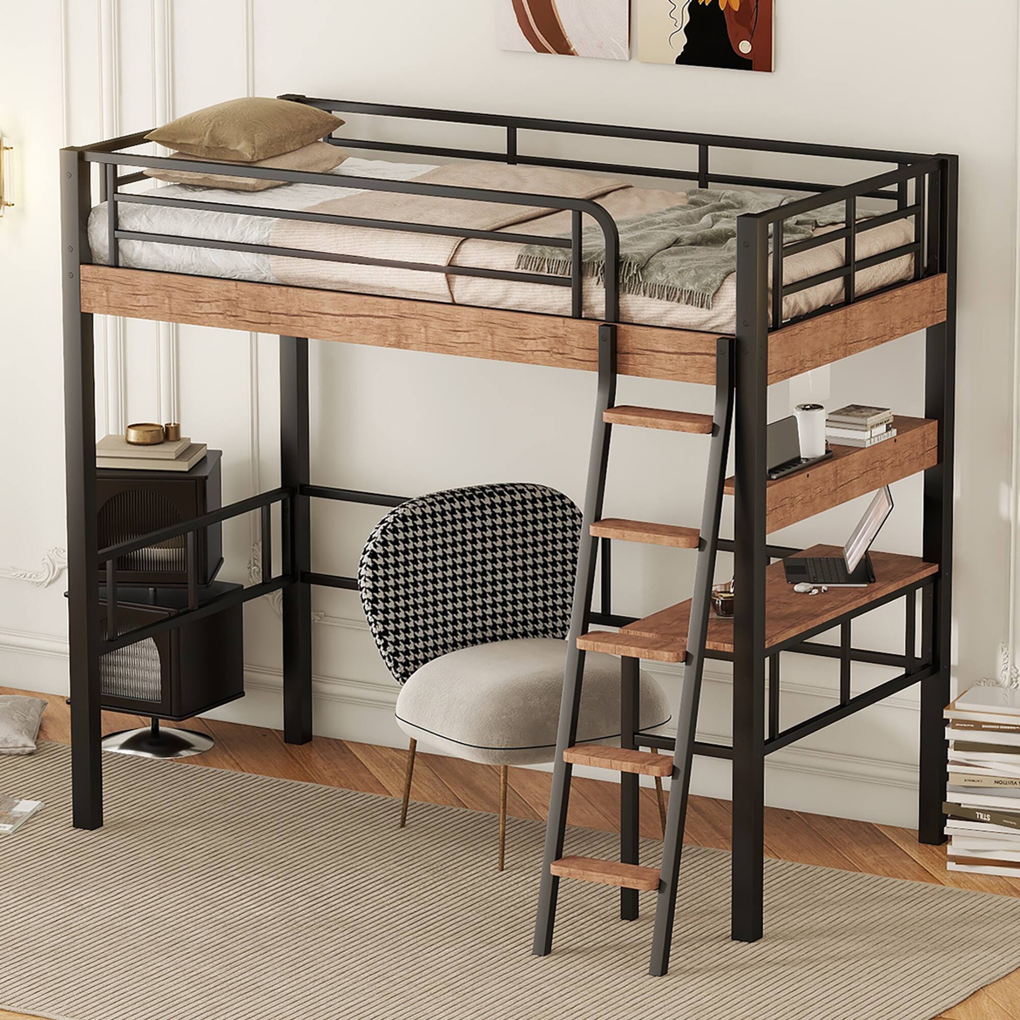 Back. Aukfa - Metal Full Size Loft Bed with LED, Built-in Desk, Storage Shelf and Ladder - Black.