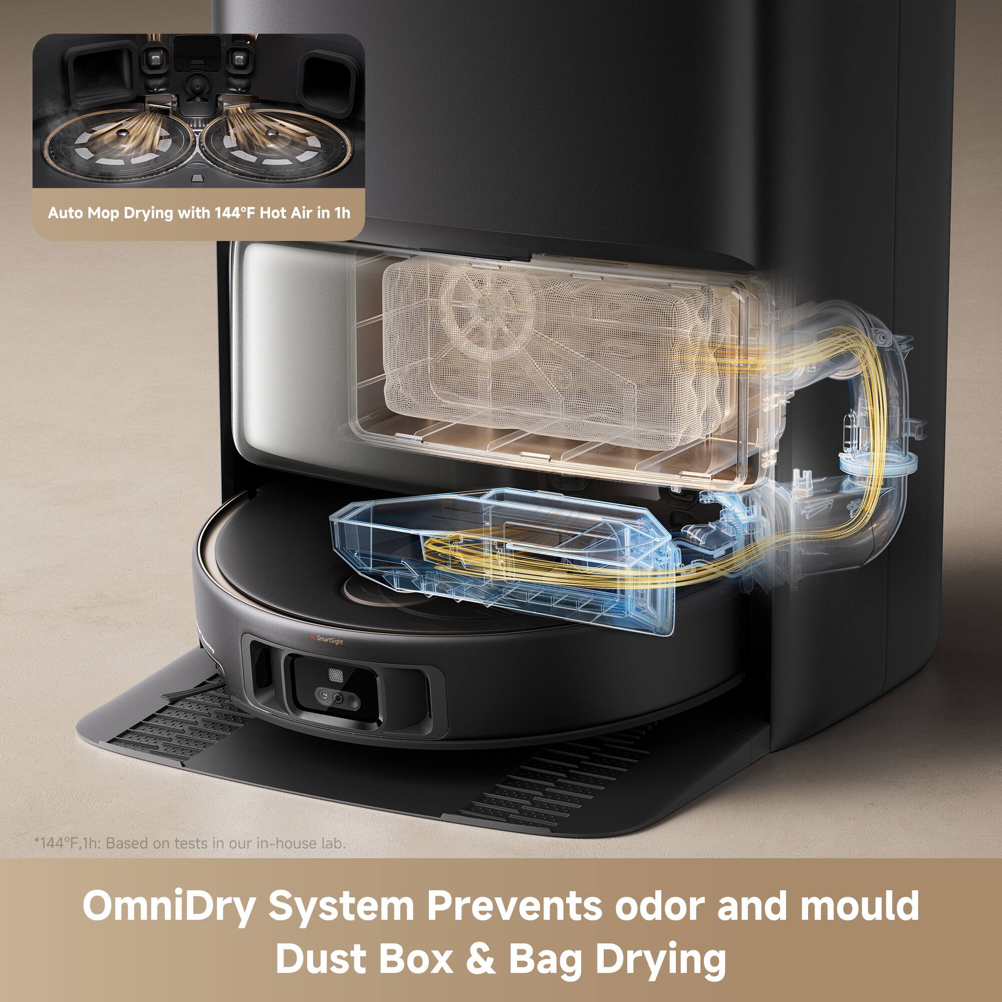 Auto Mop Drying with 144°F Hot Air in 1h
OmniDry System Prevents odor and mould Dust Box & Bag Drying
*144°F, 1h: Based on tests in our in-house lab.