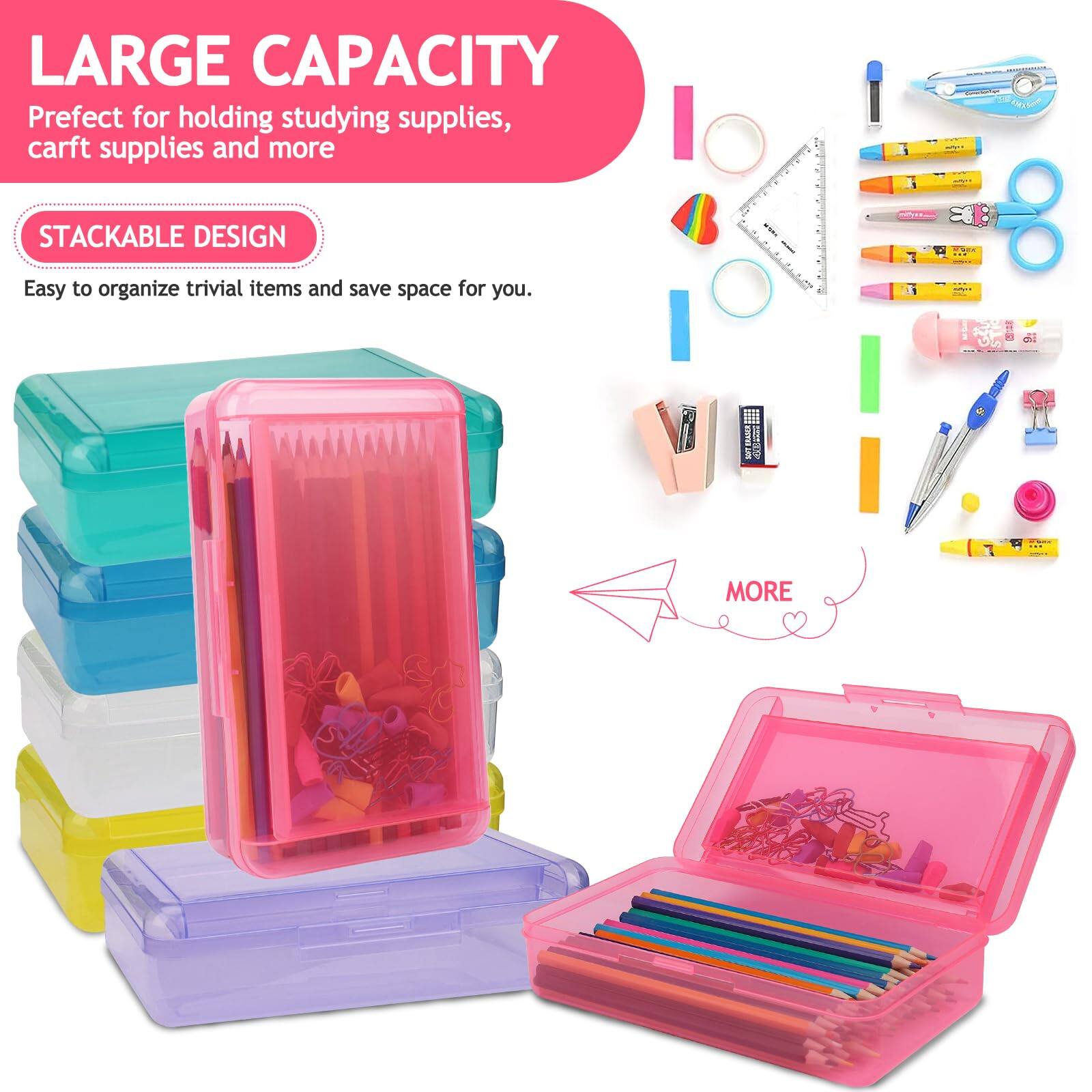 LARGE CAPACITY  
Perfect for holding studying supplies, craft supplies and more

STACKABLE DESIGN  
Easy to organize trivial items and save space for you.

MORE