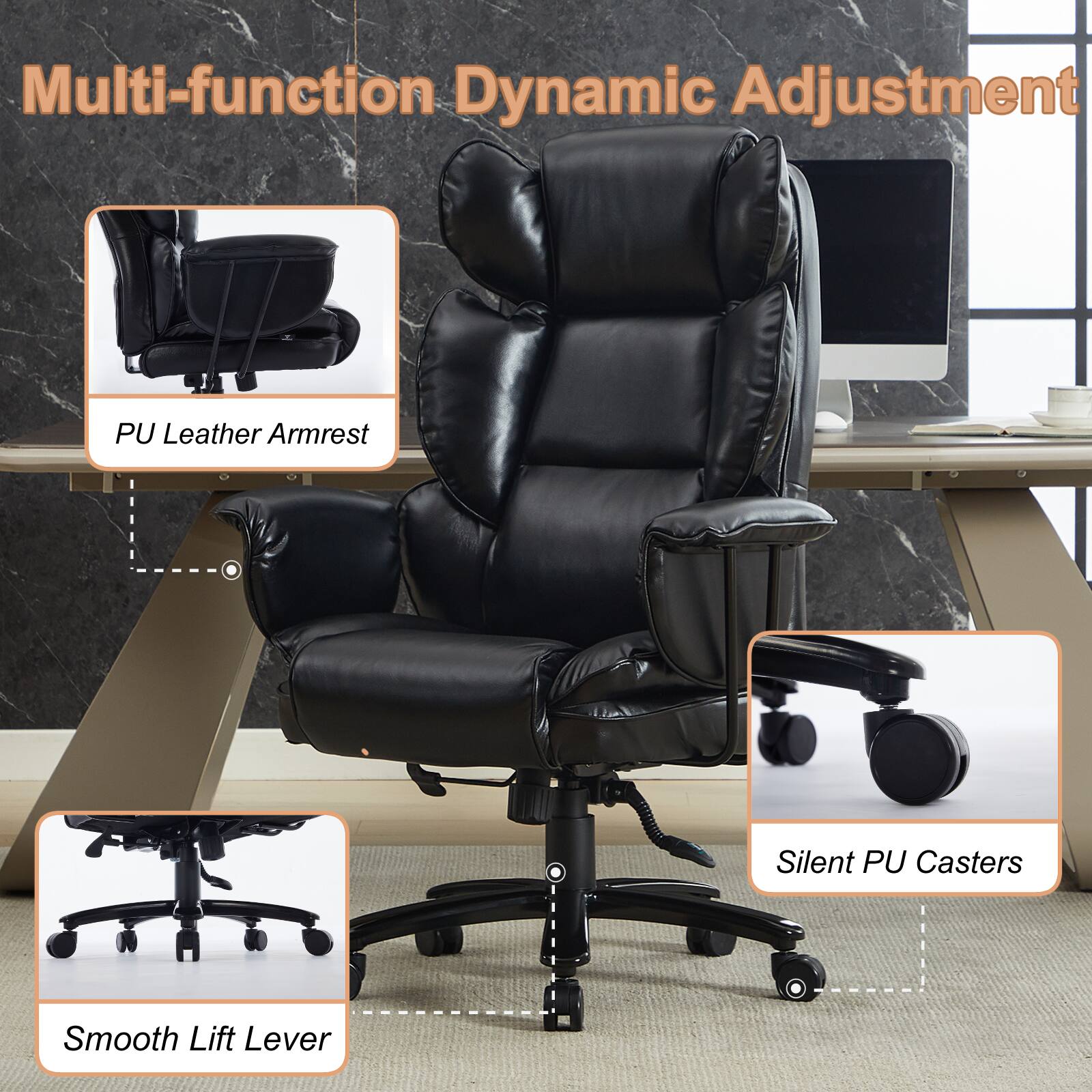 Multi-function Dynamic Adjustment

- PU Leather Armrest
- Silent PU Casters
- Smooth Lift Lever
