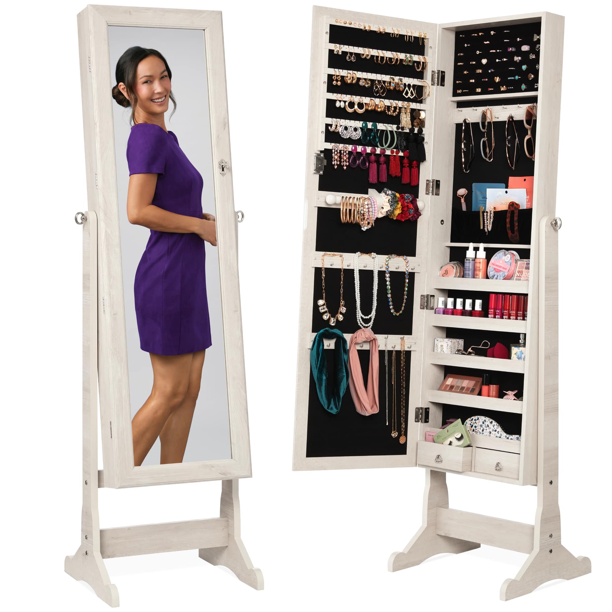 Best Choice Products - Jewelry Armoire Cabinet, Full Length Mirror w/ Velvet Storage Interior, Lock - Coastal White price history on PriceWatchPro