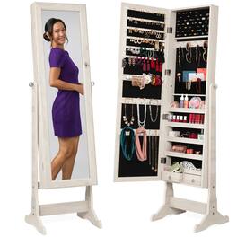 Best Choice Products - Jewelry Armoire Cabinet, Full Length Mirror w/ Velvet Storage Interior, Lock - Coastal White