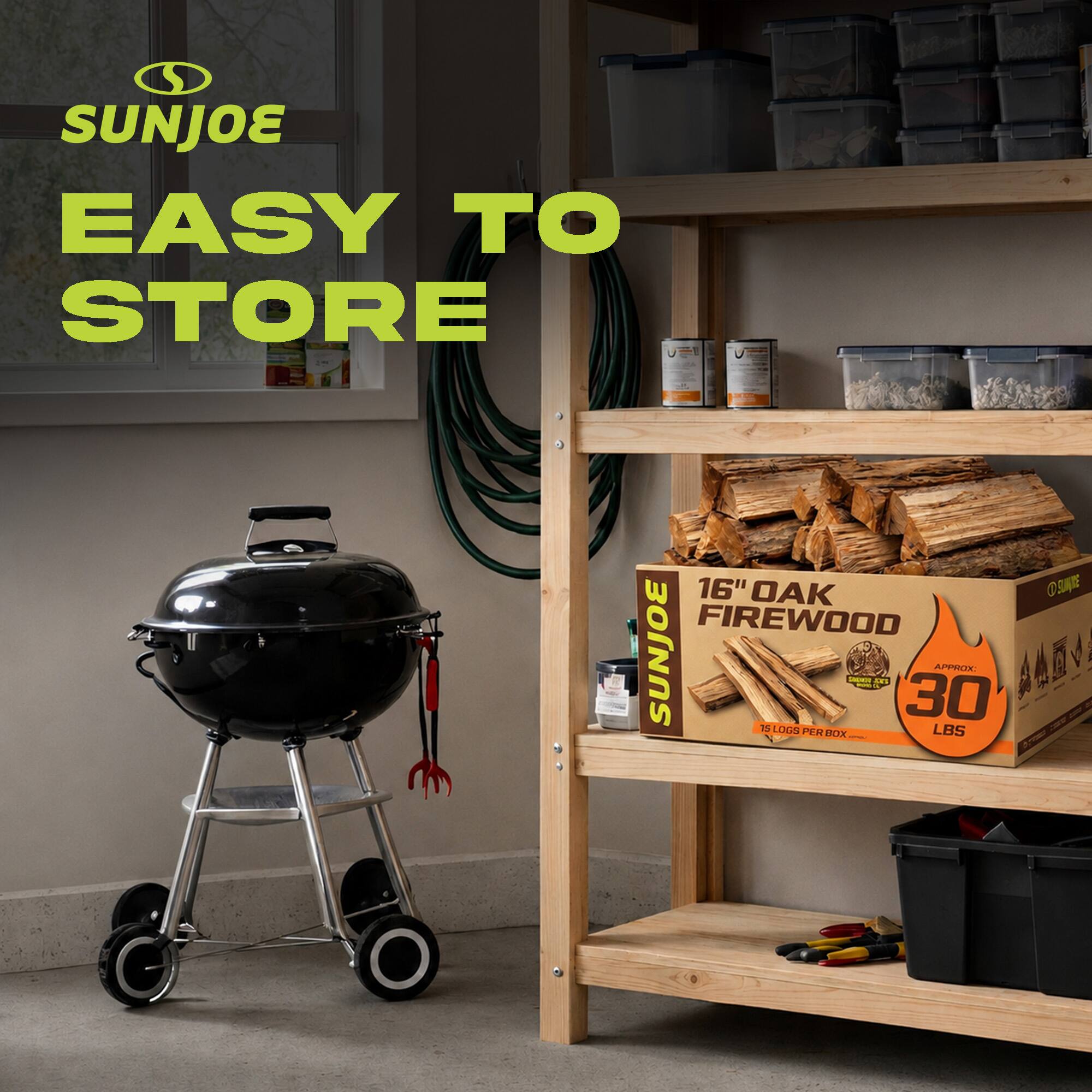 SUNJOE EASY TO STORE - 16" OAK FIREWOOD  
SUNJOE is 1 - CR 30 AFTTLI - LUGS PEM DLAM LBS