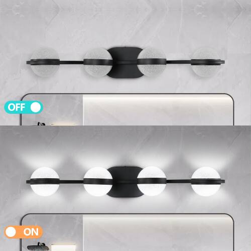Left. LUCKY ONE - 30in Wall Mount LED Vanity Light, 4-Light Black Minimalist Fixture for Bathroom Mirror with Acrylic Shades - Black.