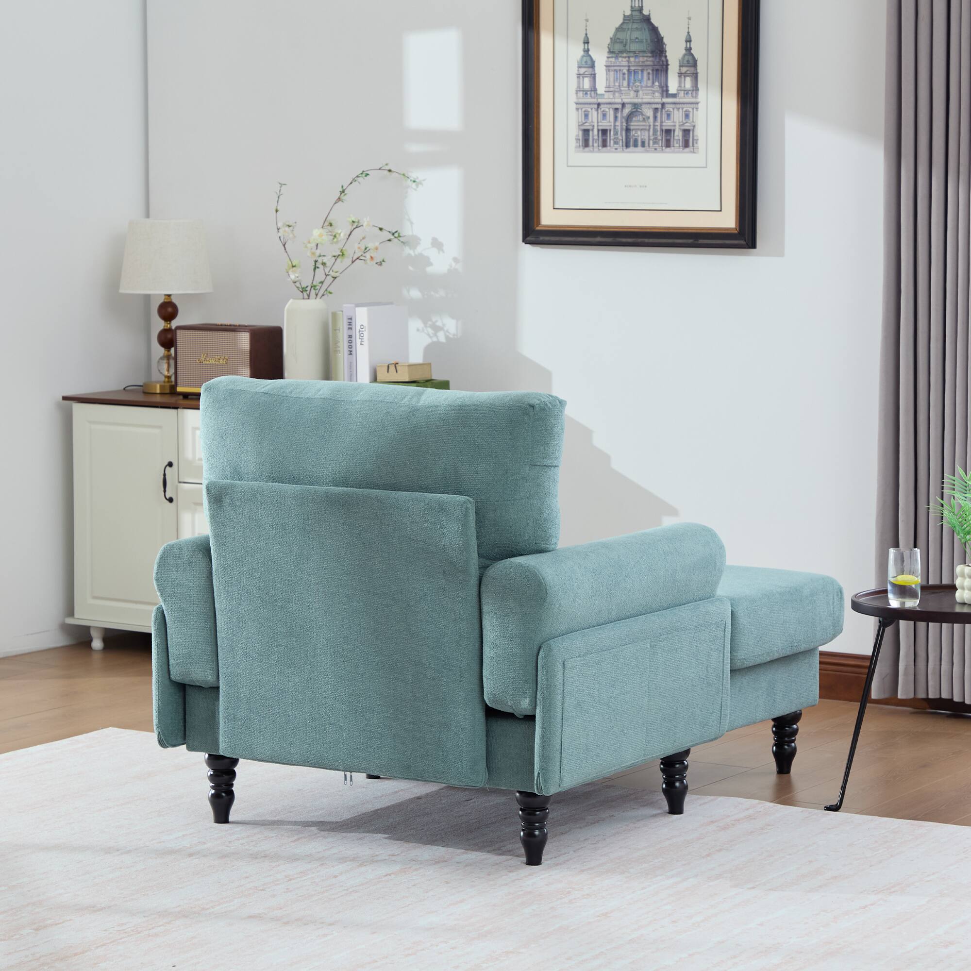 Alt View 2. Trinkets Crazed - Chenille Fabric Chaise Lounge Recliner Single Sofa Living Room Bedroom Rest Chair Wooden Sofa Legs - Mint Green.