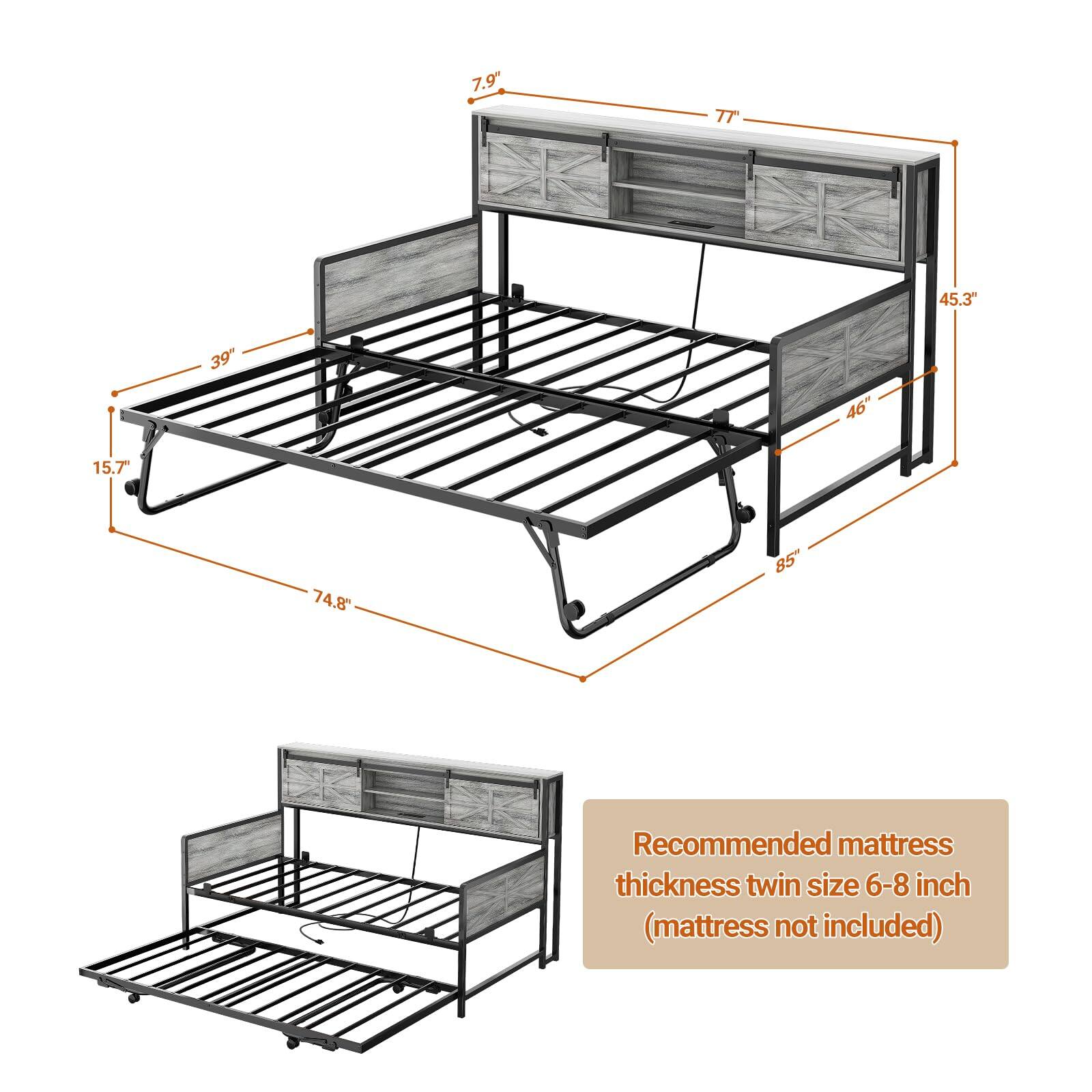 7.9" 77" 45.3" 39" 46" 15.7" 74.8" 85" Recommended mattress thickness twin size 6-8 inch (mattress not included)