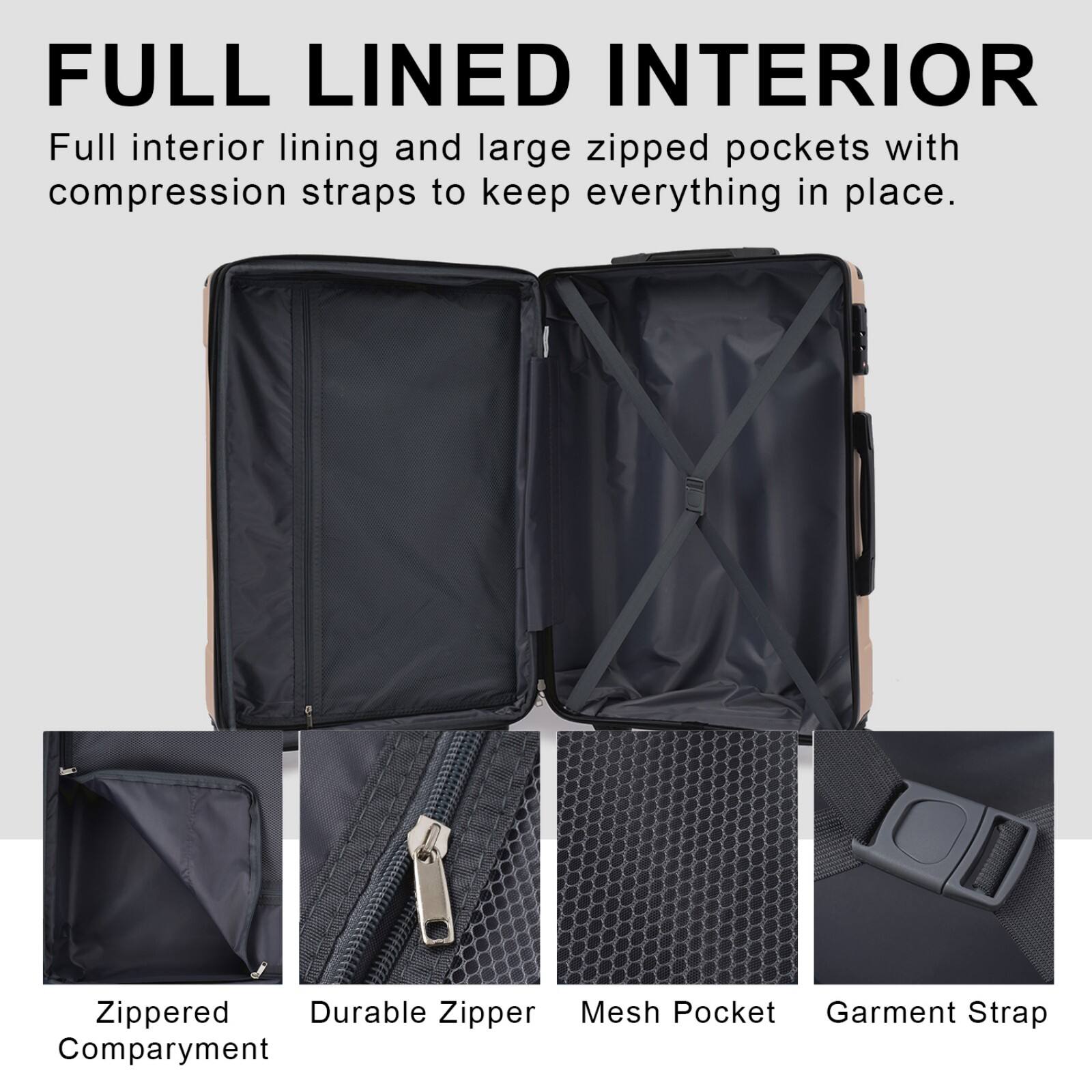 FULL LINED INTERIOR  
Full interior lining and large zipped pockets with compression straps to keep everything in place.

- Zippered Compartment
- Durable Zipper
- Mesh Pocket
- Garment Strap