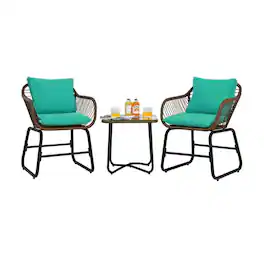 Pefilos - 3 Pieces Patio Rattan Bistro Set, Outdoor Patio Rattan Conversation Bistro Set, Cushioned Chair Glass Table -Turquoise - Blue
