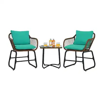 Front. Pefilos - 3 Pieces Patio Rattan Bistro Set, Outdoor Patio Rattan Conversation Bistro Set, Cushioned Chair Glass Table -Turquoise - Blue.