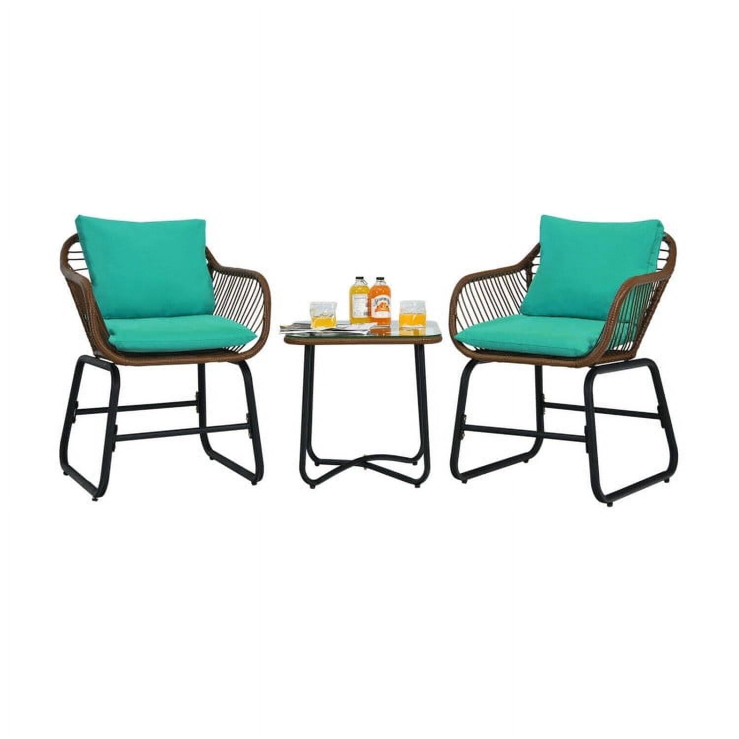 Front. Pefilos - 3 Pieces Patio Rattan Bistro Set, Outdoor Patio Rattan Conversation Bistro Set, Cushioned Chair Glass Table -Turquoise - Blue.