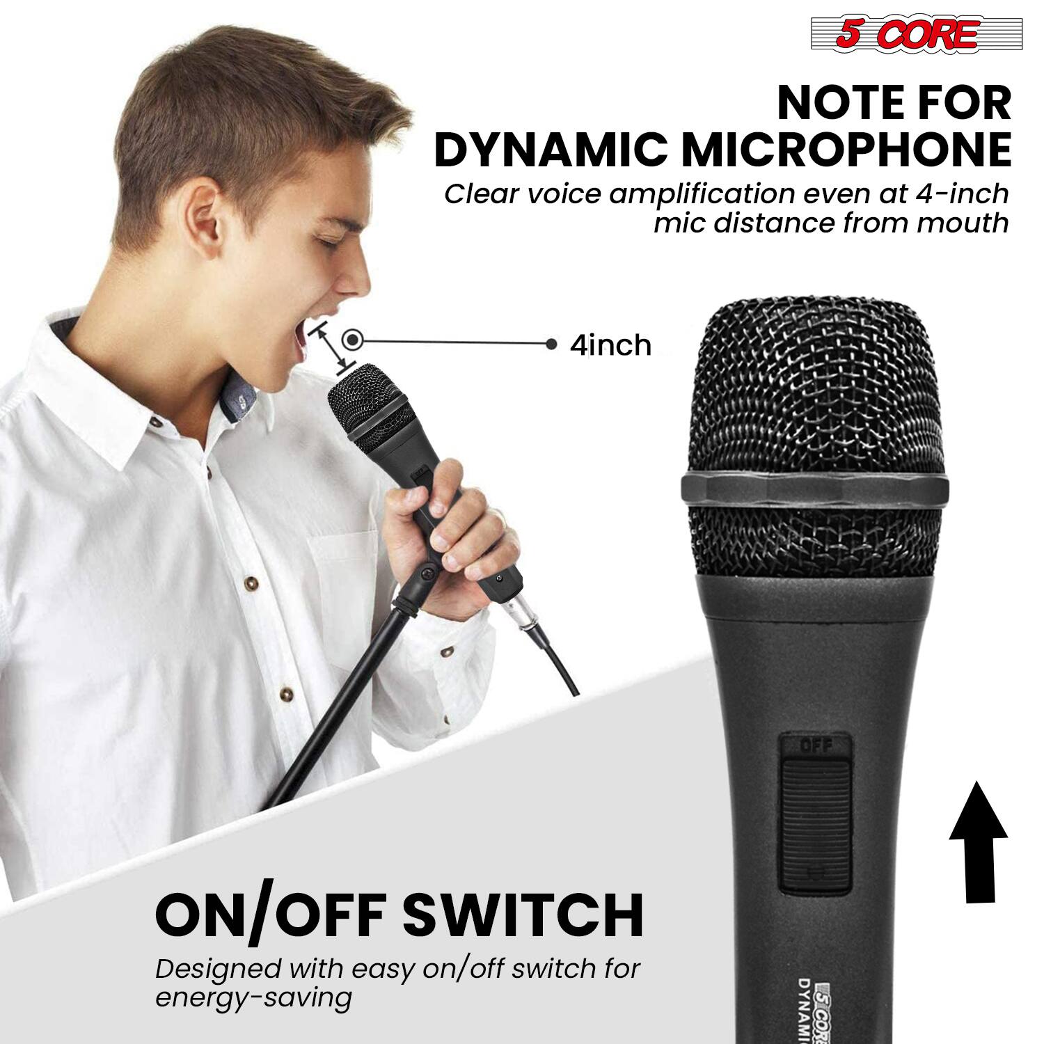 5 CORE NOTE FOR DYNAMIC MICROPHONE  
Clear voice amplification even at 4-inch mic distance from mouth  

4inch  

ON/OFF SWITCH  
Designed with easy on/off switch for energy-saving