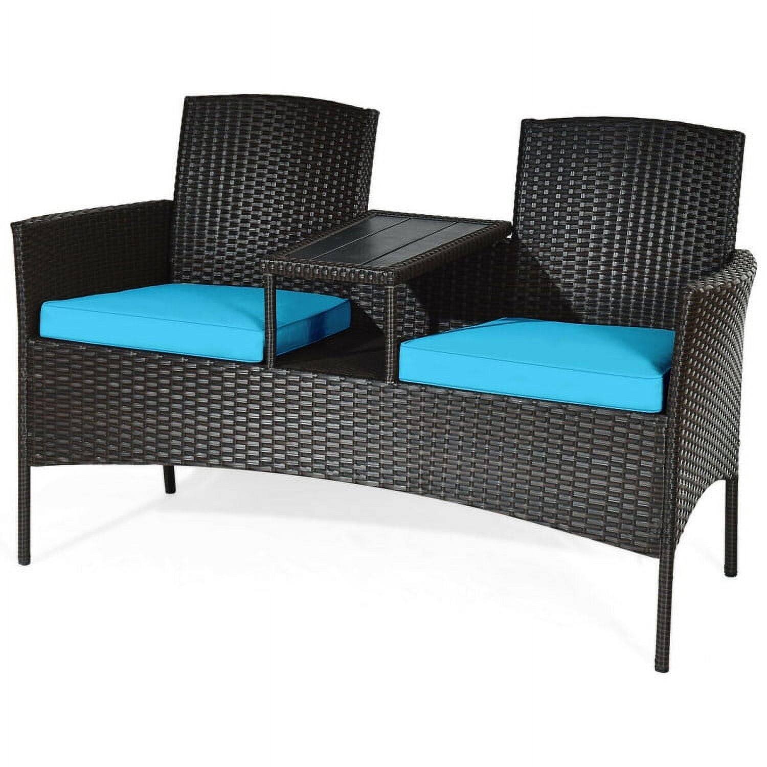 Left. Kadyn - Patio Conversation Bistro Set with Seat Outdoor Rattan Patio Conversation Set with Built-in Coffee Table and Cushions fo - Blue.