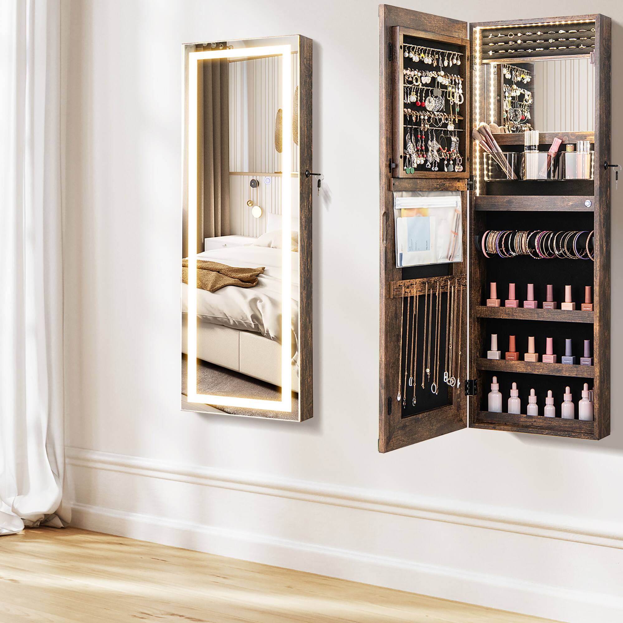 Alt View 1. Gymax - Gymax LED Mirror Jewelry Cabinet Wall/Door Mounted Organizer Armoire w/ 3 Color Light - Brown.