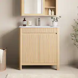 ModernMate - 30" Single Bathroom Vanity with Ceramic Sink, Solid Wood Legs, Adjustable shelves, Soft-Close Doors - Natural Oak