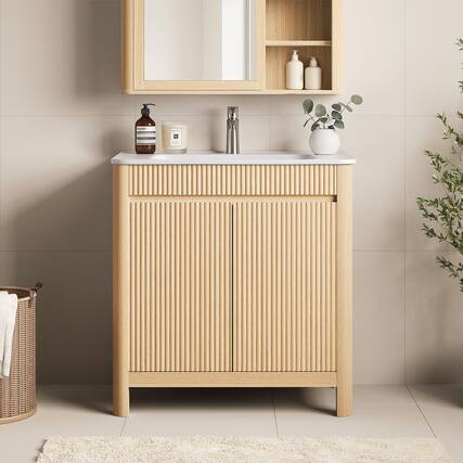 Front. ModernMate - 30" Single Bathroom Vanity with Ceramic Sink, Solid Wood Legs, Adjustable shelves, Soft-Close Doors - Natural Oak.