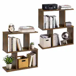 Costway - 2 PCS 2-Tier Bookshelf Free Standing Wooden Display S-Shaped Shelf Storage Rack - Brown