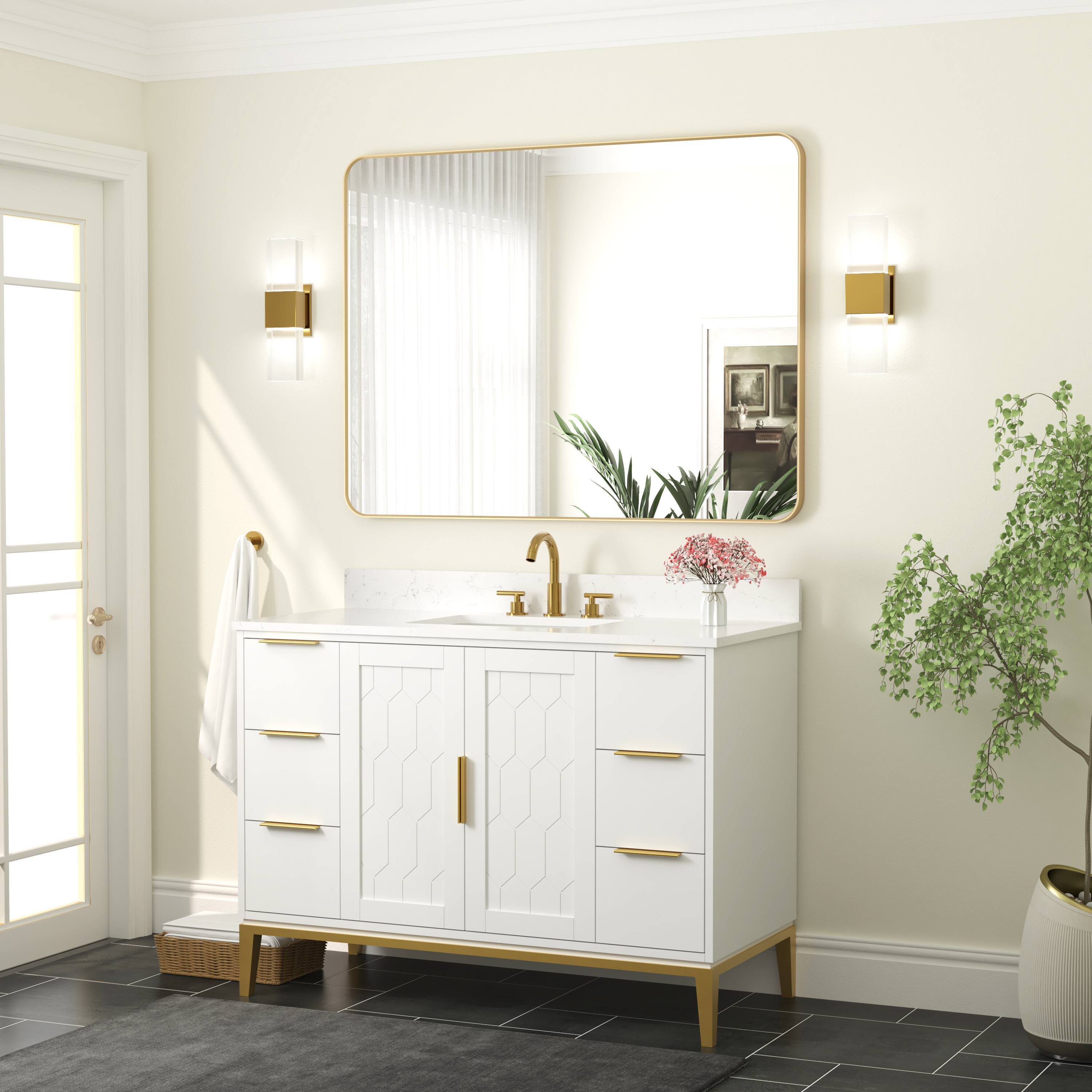 Alt View 1. WELLFOR - 48 in. W x 36 in. H Rectangular Aluminum Framed Wall Bathroom Vanity Mirror - Brushed Gold.