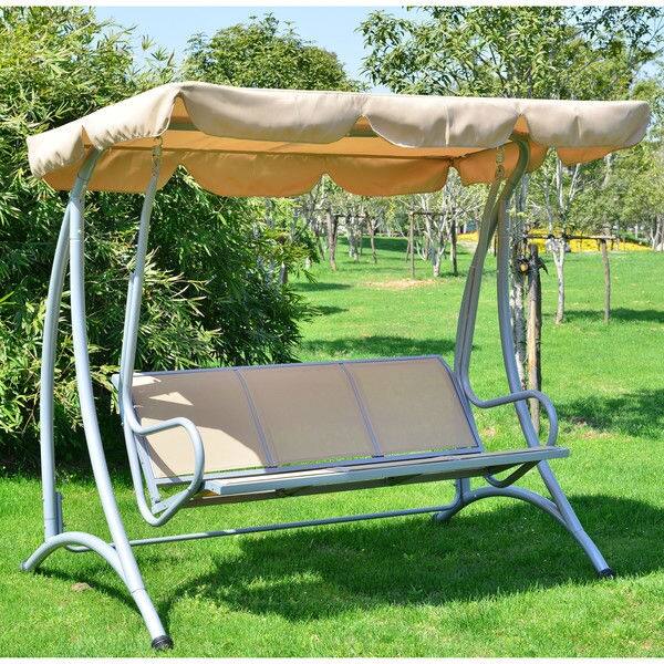 Angle. Hivvago - Sturdy 3-Person Outdoor Patio Porch Canopy Swing in Sand Color - Sand and Dark Cream.