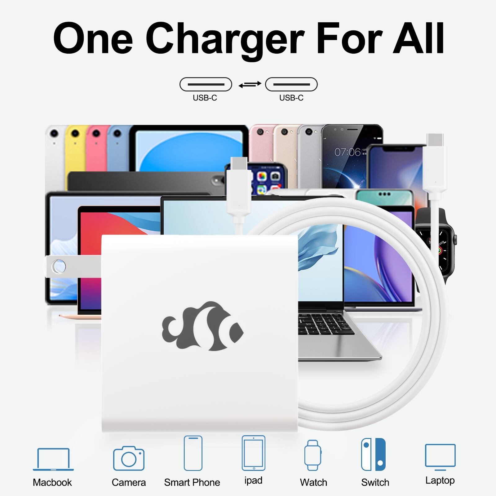 One Charger For All USB-C USB-C

Macbook Camera Smart Phone iPad Watch Switch Laptop