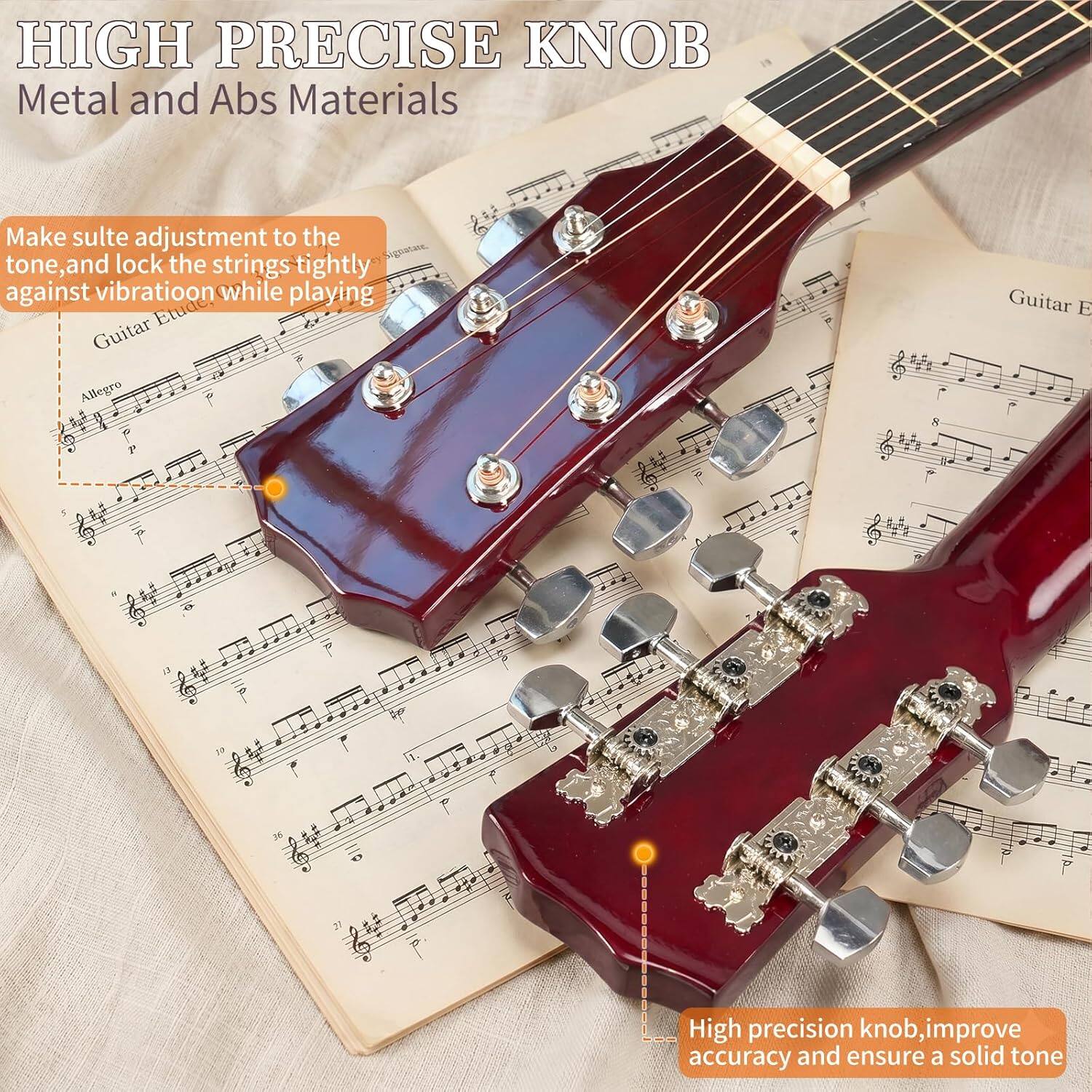HIGH PRECISE KNOB  
Metal and Abs Materials  

Make subtle adjustment to the tone, and lock the strings tightly against vibration while playing  

Guitar Etude Allegro 1  

High precision knob, improve accuracy and ensure a solid tone